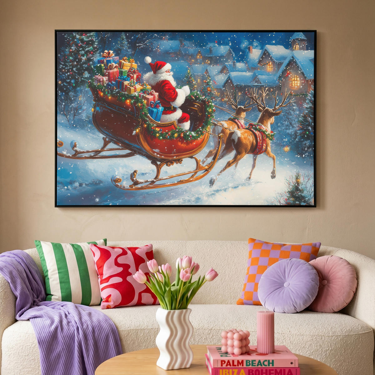 LEINWAND Bilder mit Rahmen - Weihnachtsmann - Rentier - Weihnachten - Schnee - 150x100 - Cognac, Textil (150/100cm) - MuchoWow