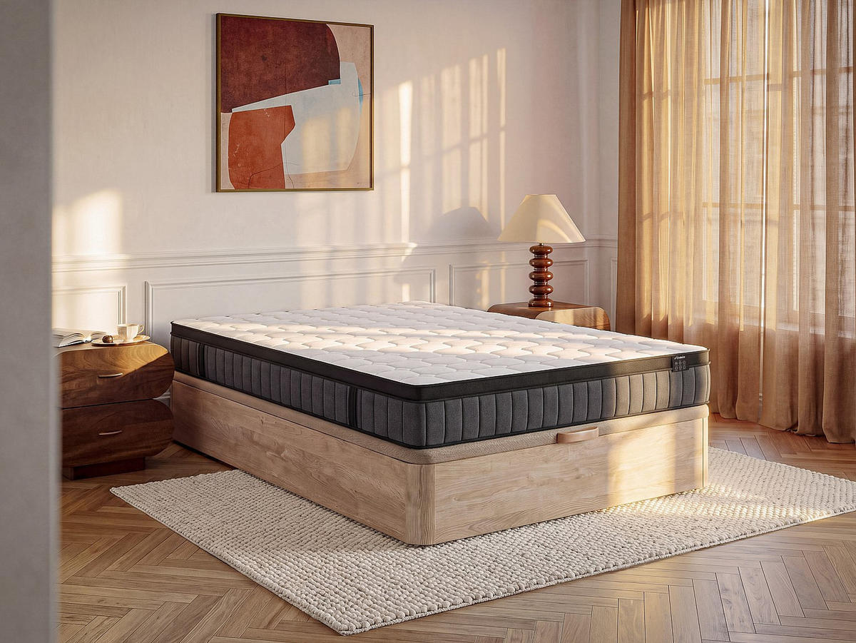 MATRATZE und Bettgestell mit Lattenrost und Bettkasten - 2 Personen - stoff - naturfarben hell Tolca - Naturfarben, Holz/Holzwerkstoff (140/190cm) - Vente-Unique