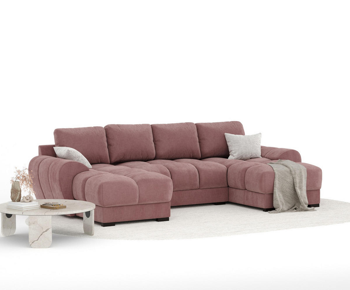 WOHNLANDSCHAFT Peebles Rosa Samtstoff - Pink/Schwarz, Holz/Holzwerkstoff (330/90/175cm) - Maison de Reve