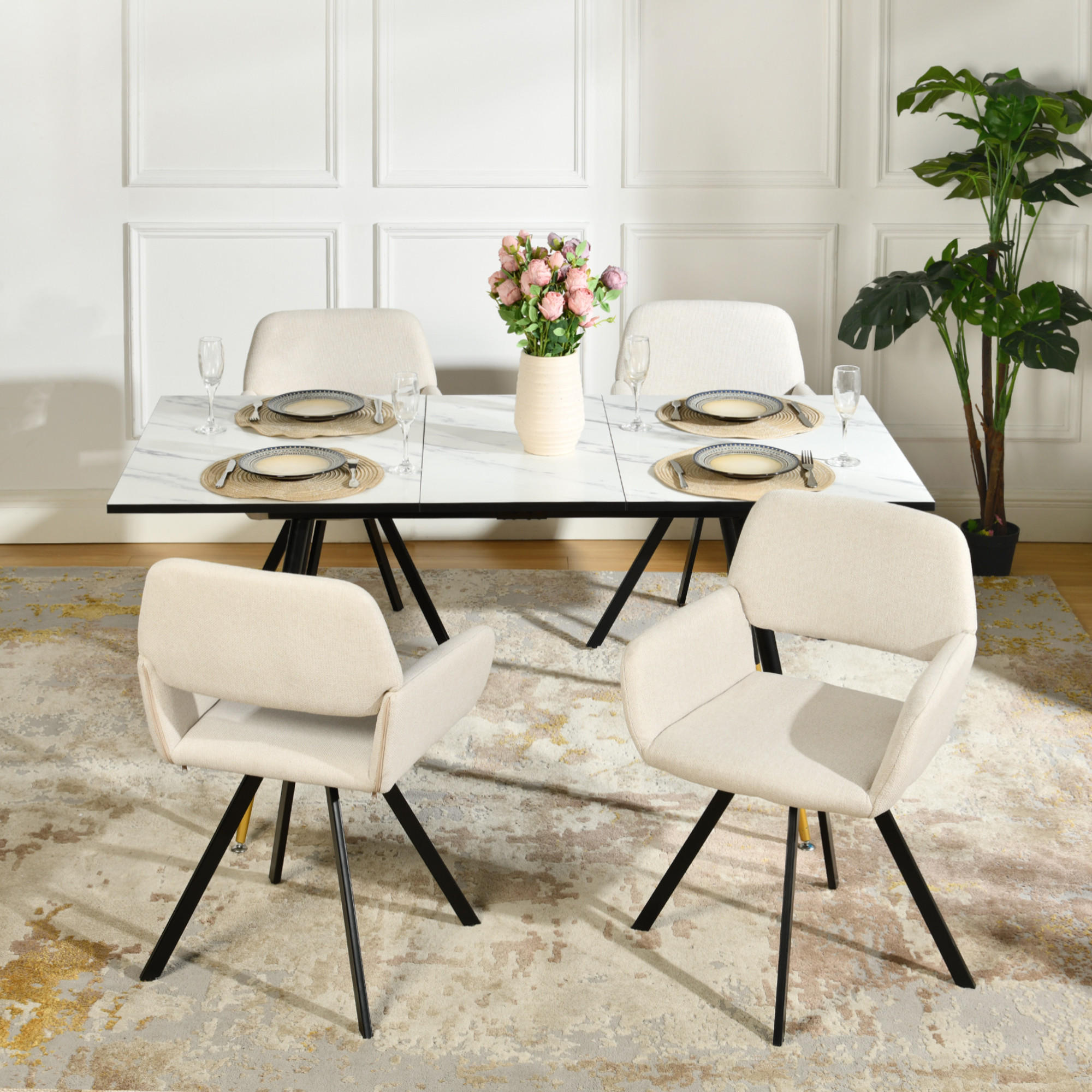 ESSTISCH Weiß Marmormuster rechteckig ausziehbar 120-160/80/75cm - Goldfarben/Schwarz, Holz/Metall (80/120/75cm) - Urban Meuble