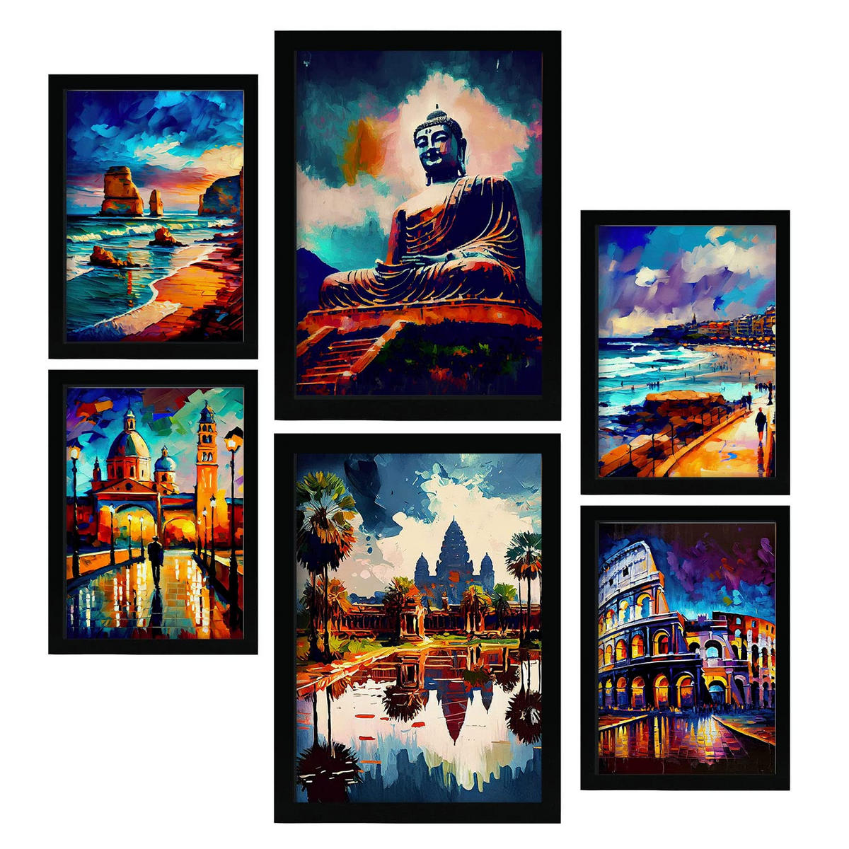 POSTER Set Mit 6 Feuchte Im Ölgemälde Stil A3 & A4 Schwarzer Rahmen - Schwarz, Papier (29/3cm) - Nacnic