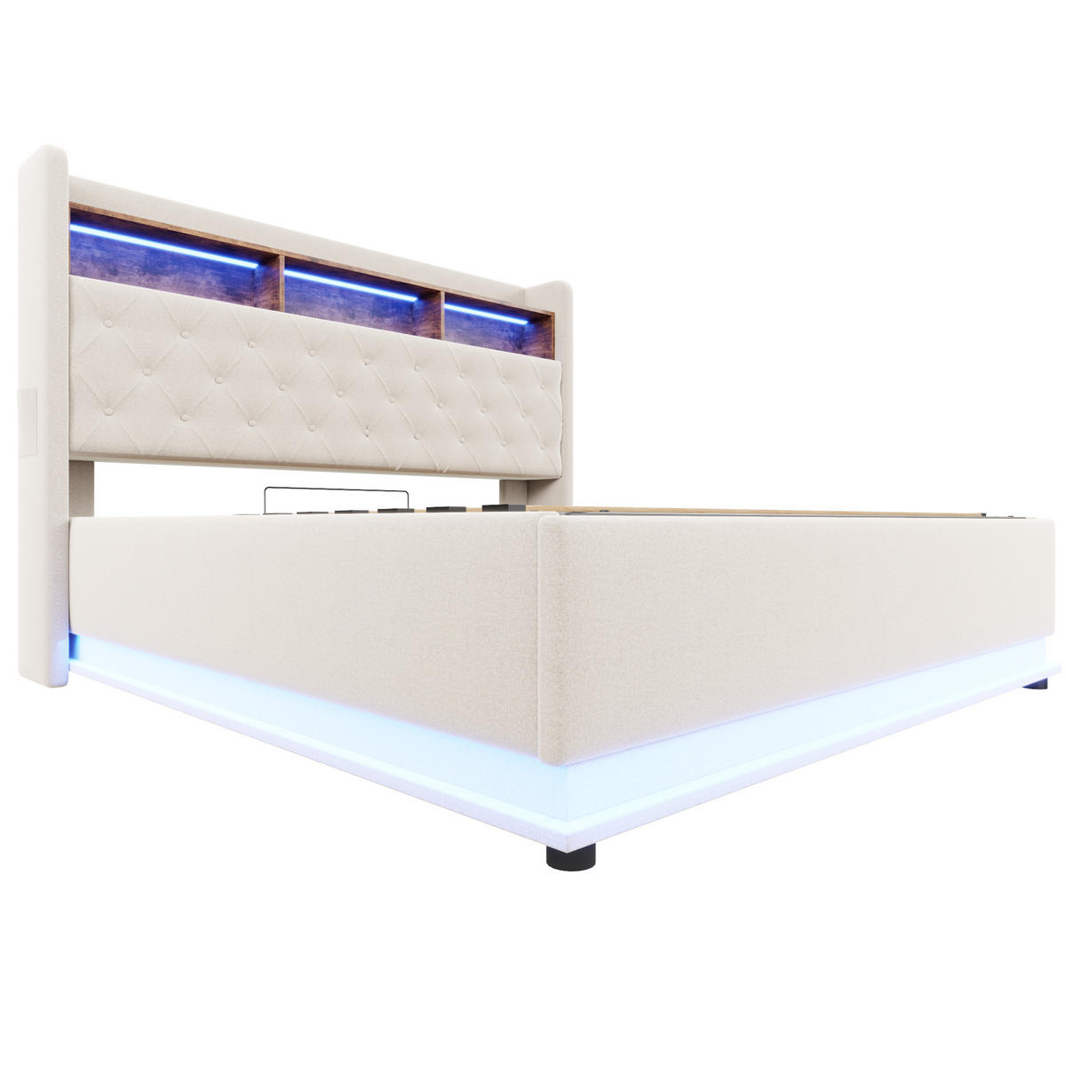 STAURRAUMBETT 180/200 cm DE-01961, in Beige, mit LED, USB und hydraulischem Stauraum - Beige, Metall (180/200cm) - ComfortXL