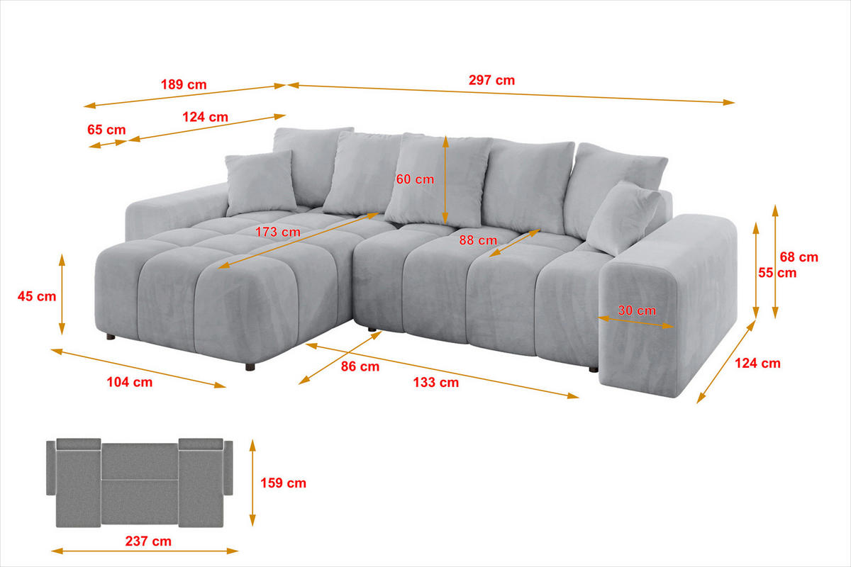 ECKSOFA Ottomane links ENIL-L 297x189x68 Hellgrau Velours - Titanfarben, Holzwerkstoff/Kunststoff (297/189cm) - ALTDECOR