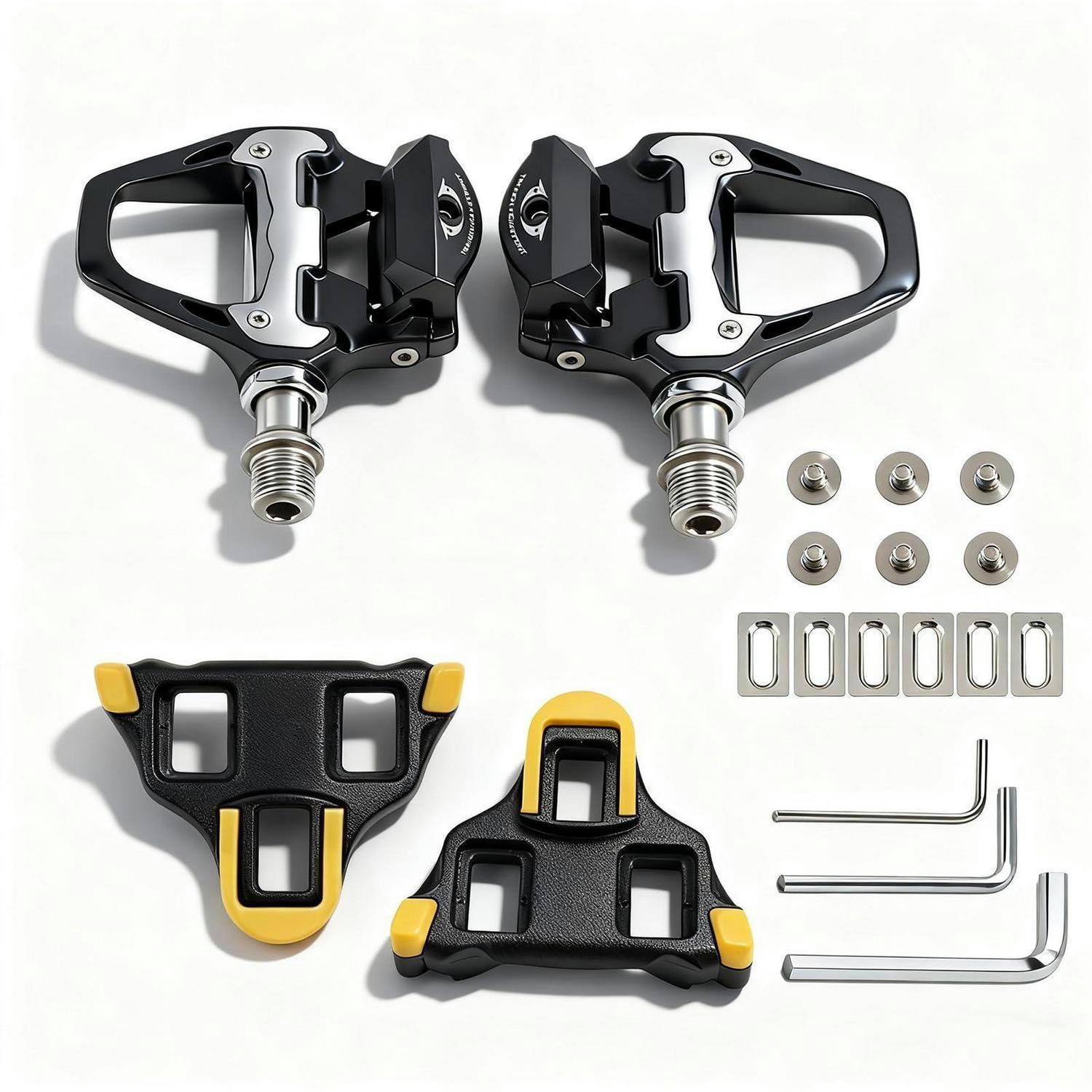 RENNRADPEDALE Set mit Cleats Aluminiumlegierung 9/16 Zoll Cr-Mo Achse - Schwarz, Metall (14/1.5/23cm)