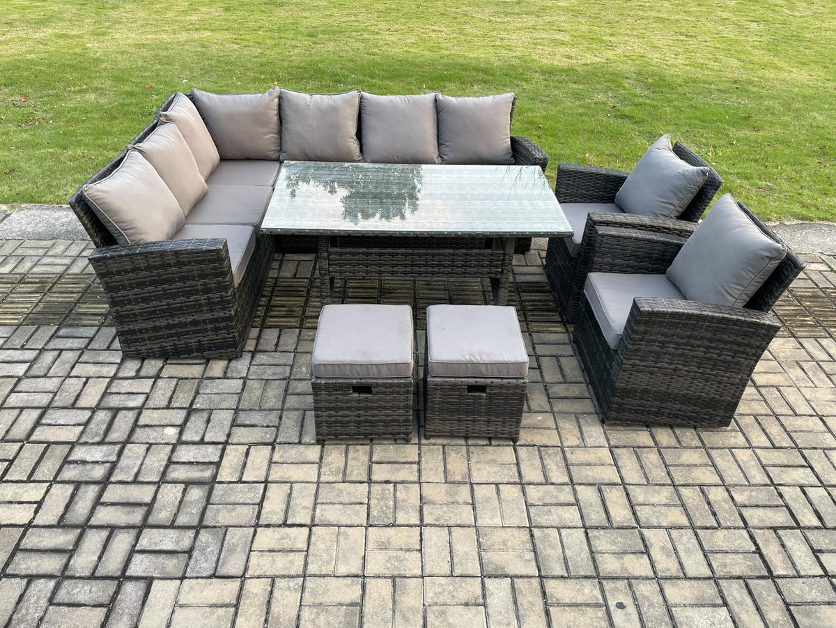 GARTENLOUNGE mit Ecksofa Polyrattan Dunkelgrau 10-Sitzer - Dunkelgrau/Grau, Glas/Kunststoff - Fimous