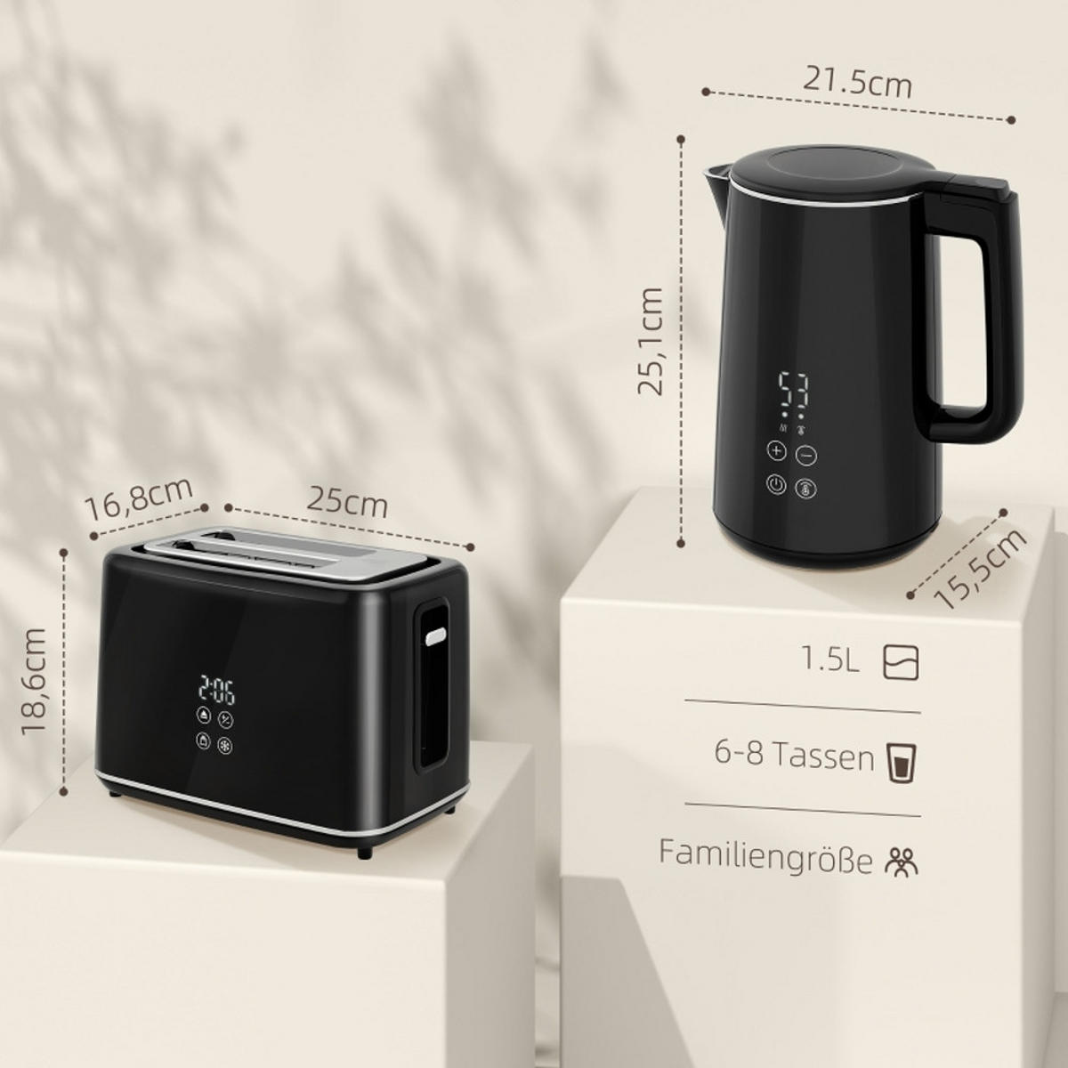WASSERKOCHER-TOASTER SET 1,5L 2200W, Schwarz, 7 Bräunungsstufen, Auftaufunktion - Schwarz, Kunststoff (15.5/25.1/21.5cm) - Rolipo
