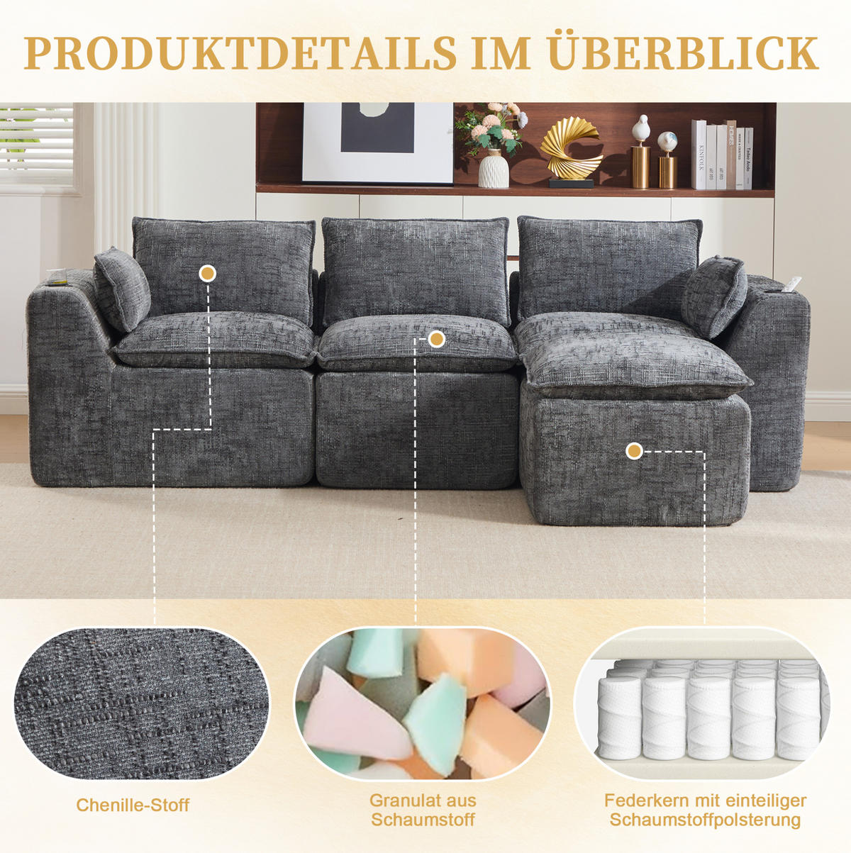ECKSOFA 256/161/75 cm dunkelgrau aus Chenille mit Kissen und Seitentaschen - Dunkelgrau, Textil (161/256cm) - OKWISH