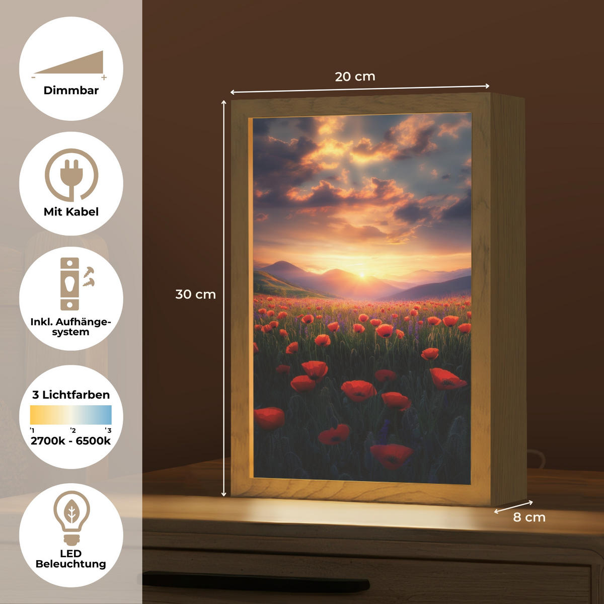 WANDLEUCHTE Landschaft - Sonnenuntergang - Blumenfeld 20x30 cm - Rot, Holzwerkstoff (20/30/8cm) - OnlyWow
