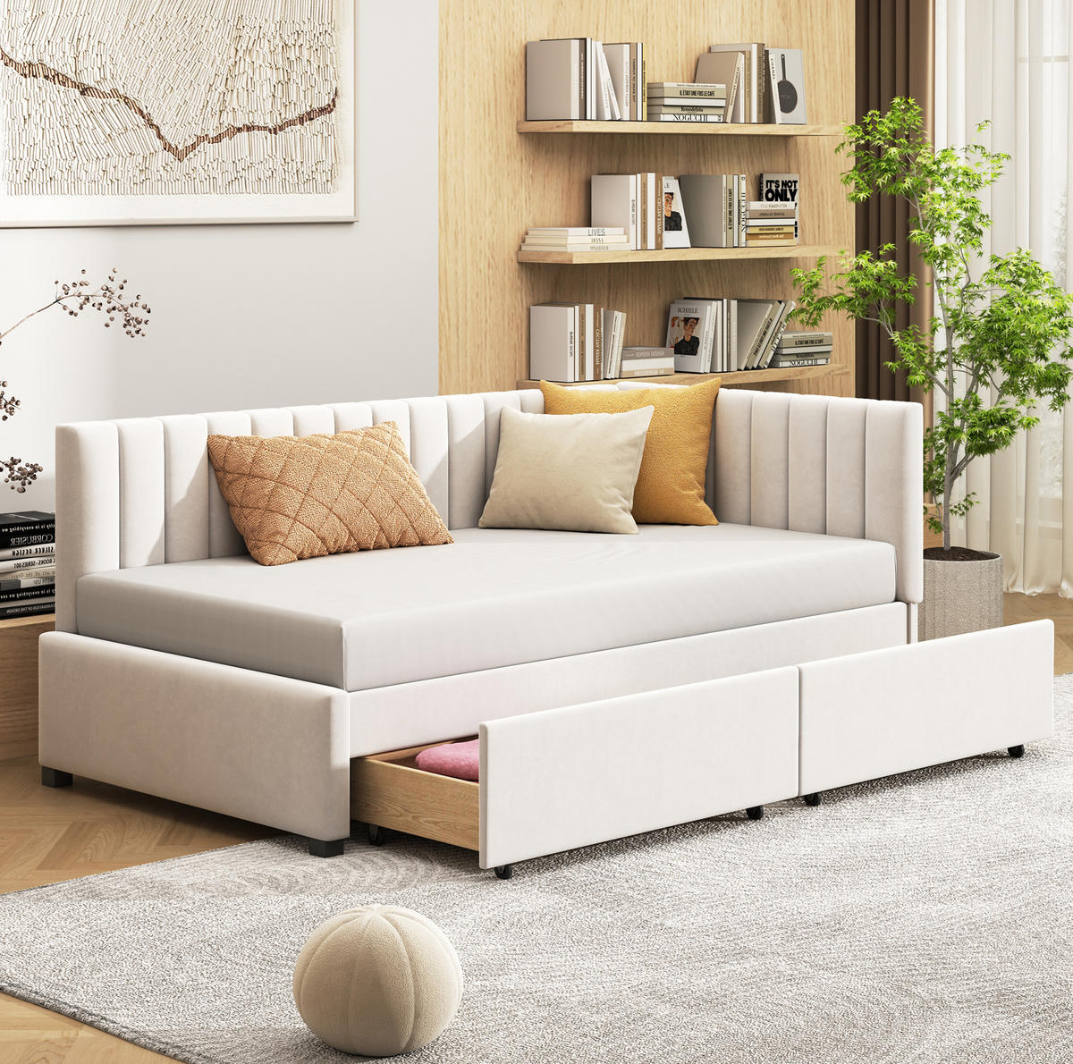 MULTIFUNKTIONSBETT 90/200 Beige mit Stauraum und Lattenrost aus Samt - Beige, Leder (90/200cm) - OKWISH