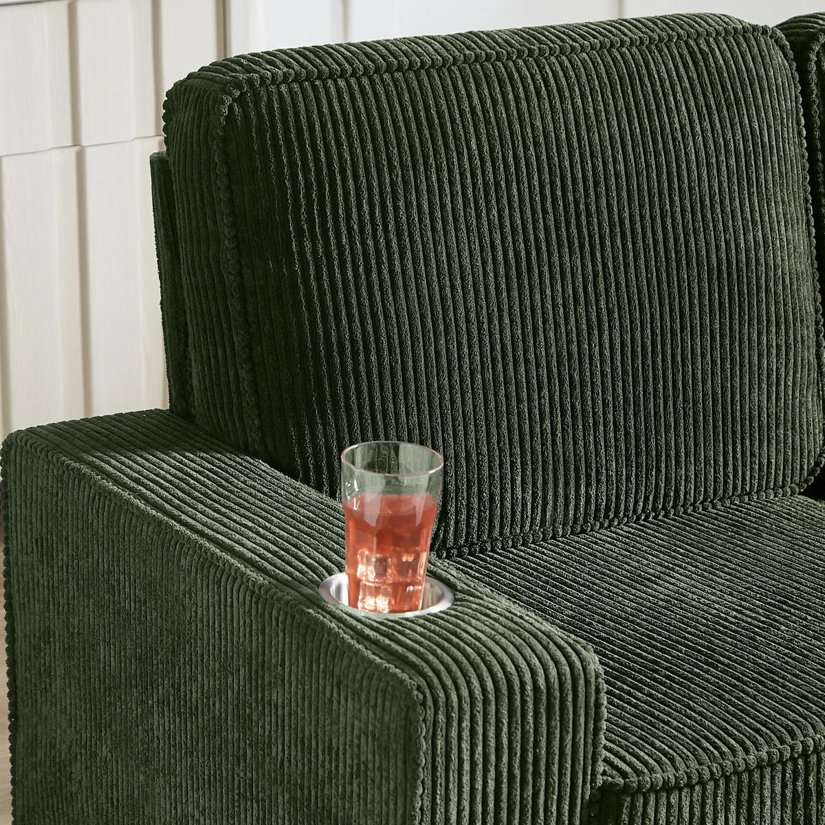 SOFA 3-Sitzer mit Getränkehaltern Cord Grün 206 cm - Grün, Holzwerkstoff (206/86/76cm) - Meubliv
