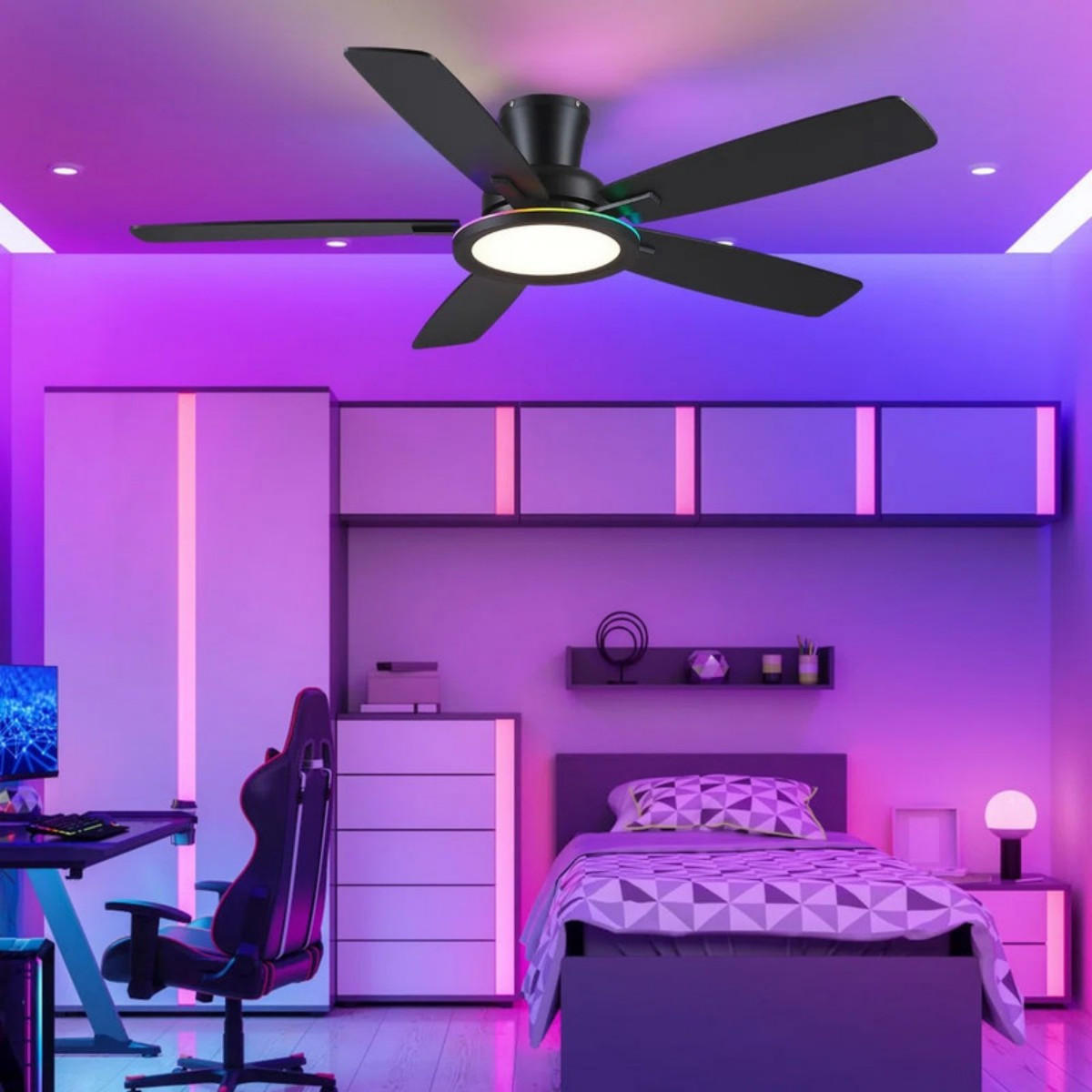 DECKENVENTILATOR Schwarz 132 cm mit RGB-LED und leisem DC-Motor - Schwarz, Metall (132/132/22cm) - Surtime