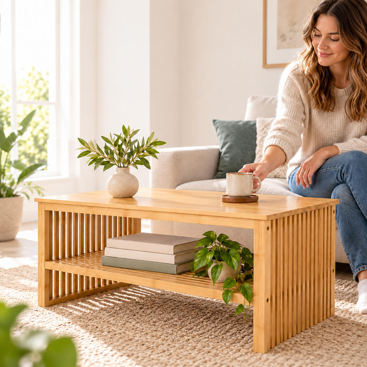 KONFERENČNÍ STOLEK Přírodní bambus s policí 98/55/46 cm - světle hnědá, dřevo (55/98/48cm) - Relaxdays