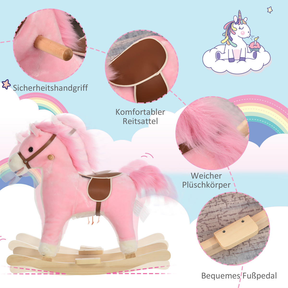 KINDER SCHAUKELTIER, Braun/Rosa, Plüsch+ Holz - Rosa, Holz (32.5/61/65cm) - HOMCOM