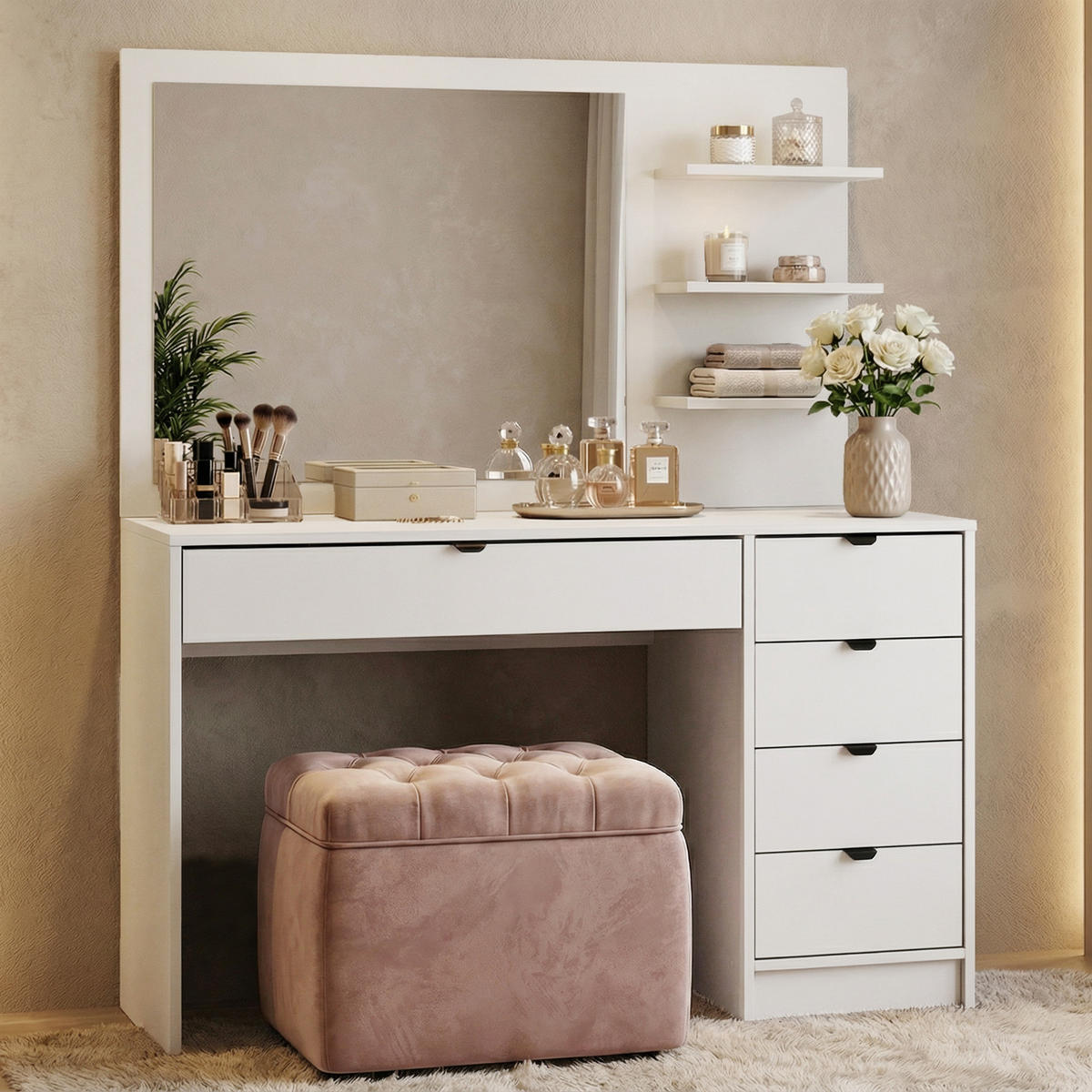 SCHMINKTISCH Malta mit 5 Schubladen, mit Spiegel, mit Griffen, Weiß - Schwarz/Weiß, Holzwerkstoff/Metall (120/145.5/57cm) - Beautysofa