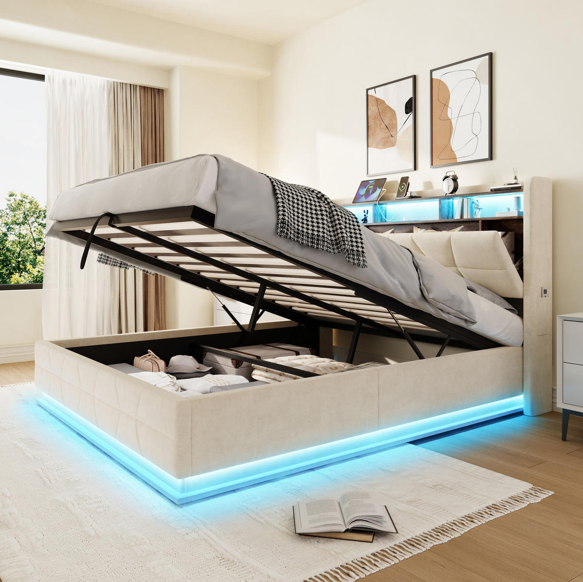 POLSTERBETT aus Velours 160 x 200 cm in Beige mit LED-Beleuchtung & USB/Type-C - Beige, Textil (160/200cm) - Modfu