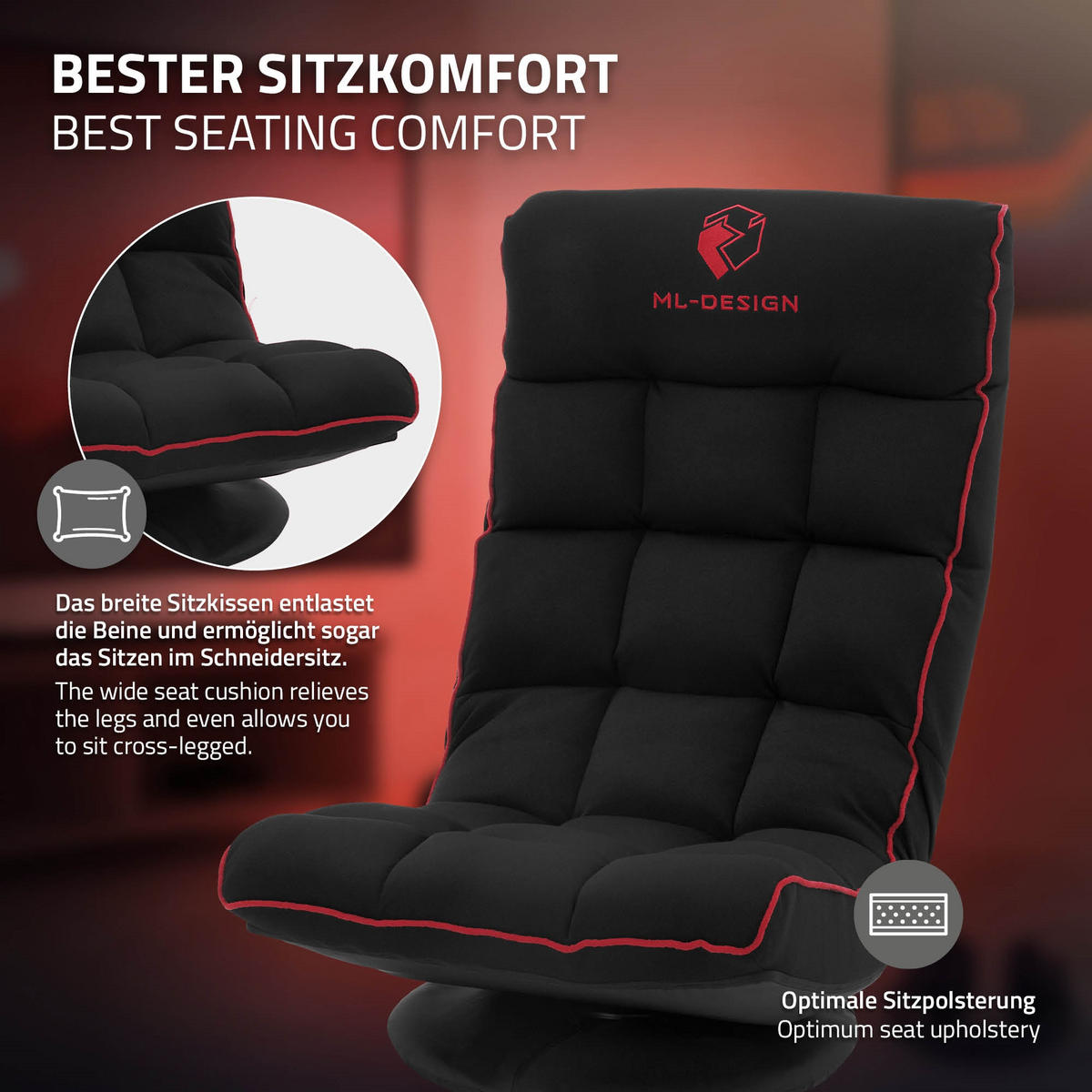 GAMINGOVÁ ŽIDLE NA ZEM Černá-červená látkový potah Otočná o 360° a nastavitelná - černá/červená, textil (56/85/92cm) - ML-DESIGN