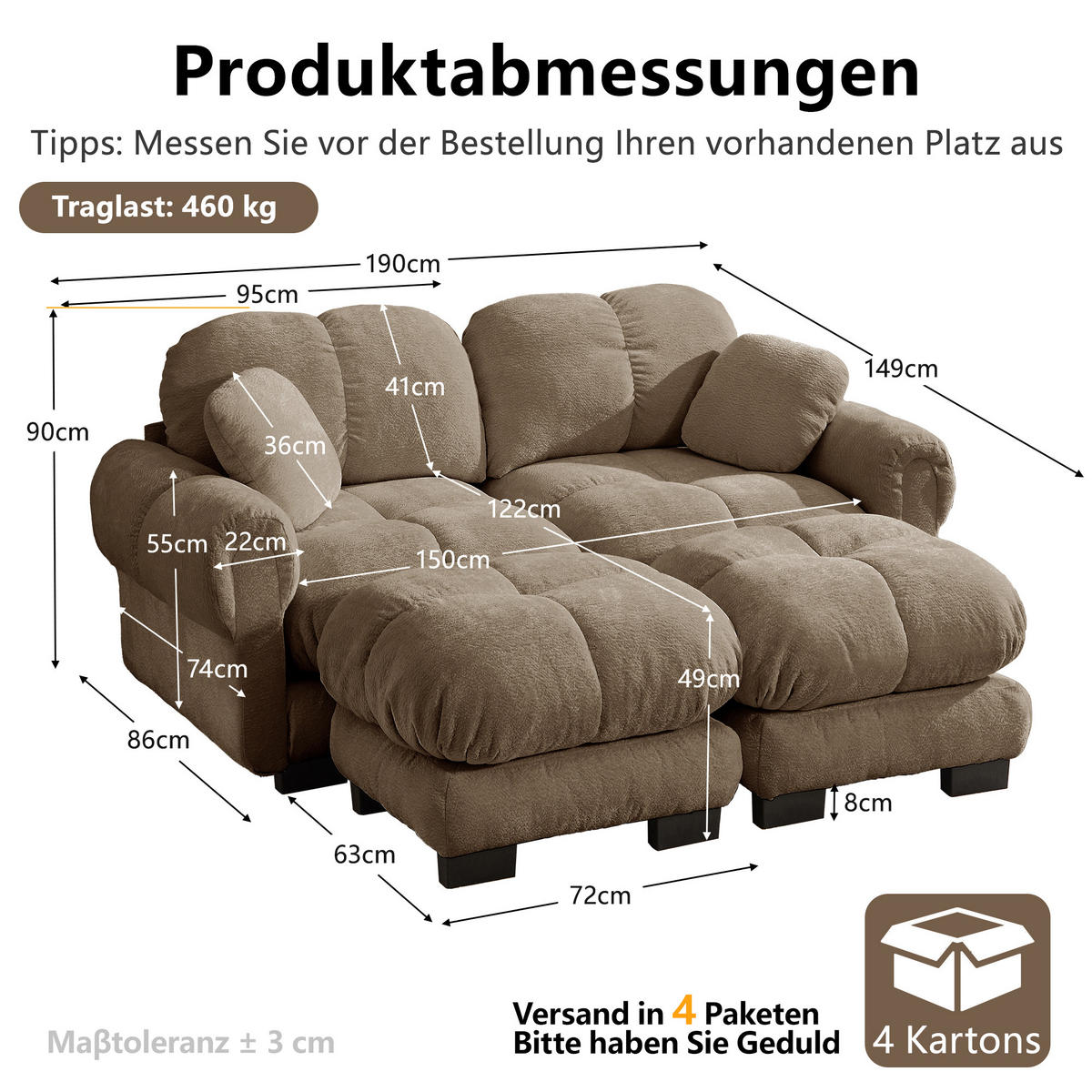 2-SITZER-SOFA DE-34384 2 Ottomans Braun - Braun, Textil (149/90/190cm) - ComfortXL