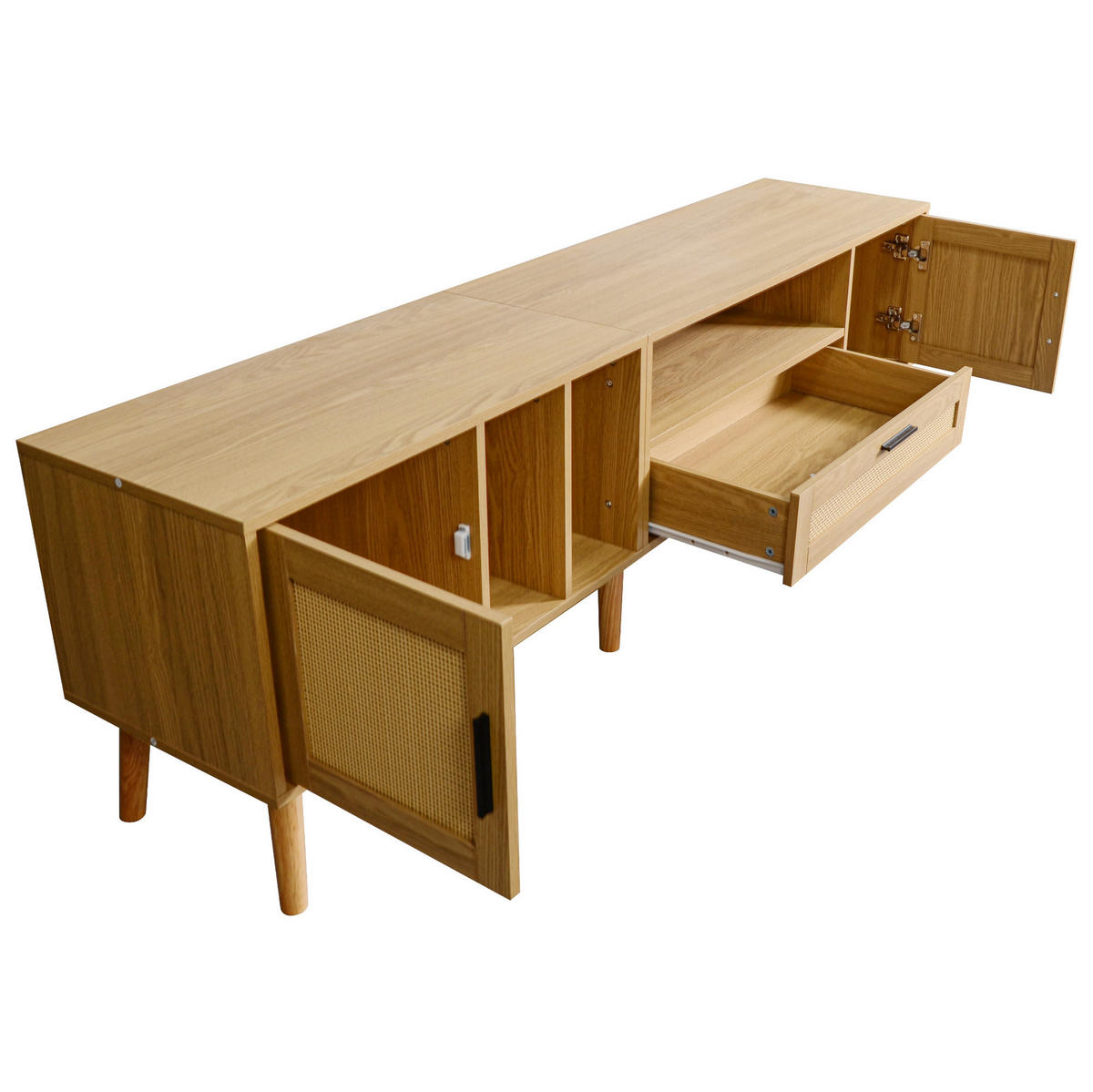 TV-LOWBOARD aus Spanplatte 180x40x54 cm Eichefarben mit 2 Türen, 1 Schublade, Kabelmanagement und Rattan-Dekor - Eichefarben, Holzwerkstoff (180/54/40cm) - Modfu