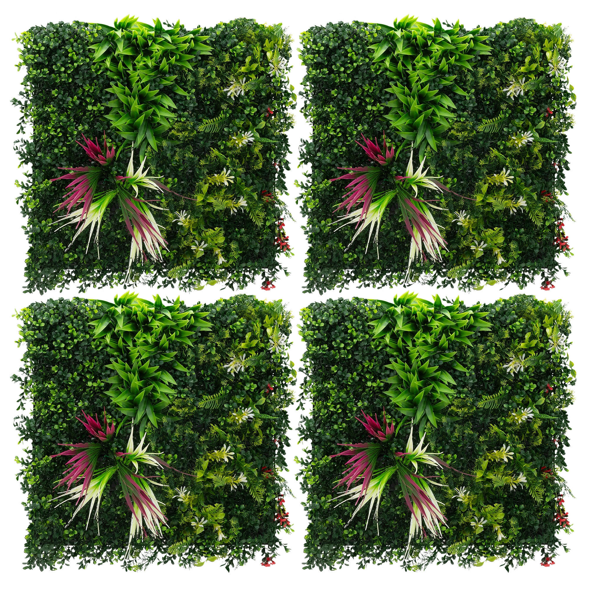 KÜNSTLICHE PFLANZENWAND 4er Set 50x50 cm Kunstpflanzen Wand Innen Aussen Grün Tropical Pink - Pink/Grün, Kunststoff (50/50/10cm) - ECD-Germany