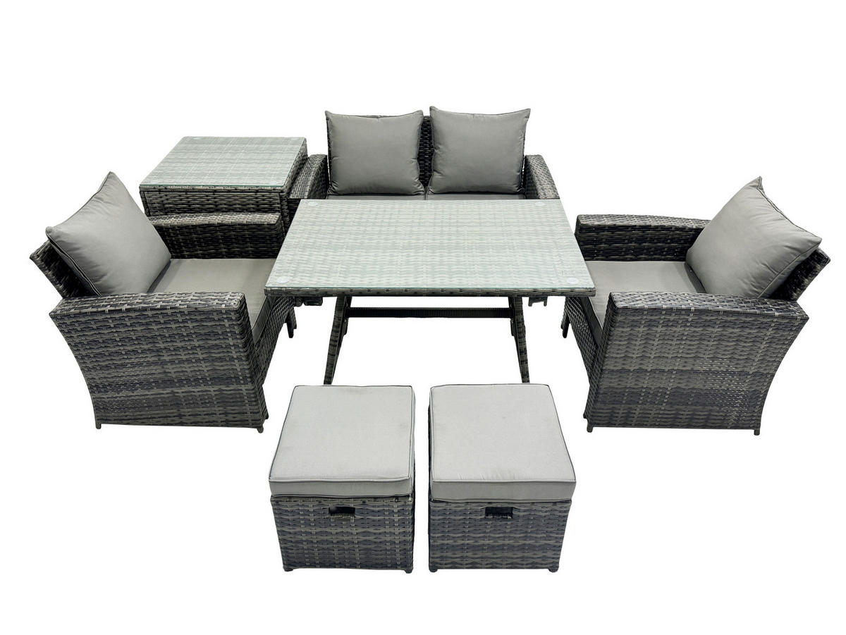 GARTENMÖBELSET mit ESSTISCH,HOCHLEHNER-SOFA Polyrattan Dunkelgrauer Mix 6-Sitzer - Dunkelgrau/Grau, Glas/Kunststoff - Fimous