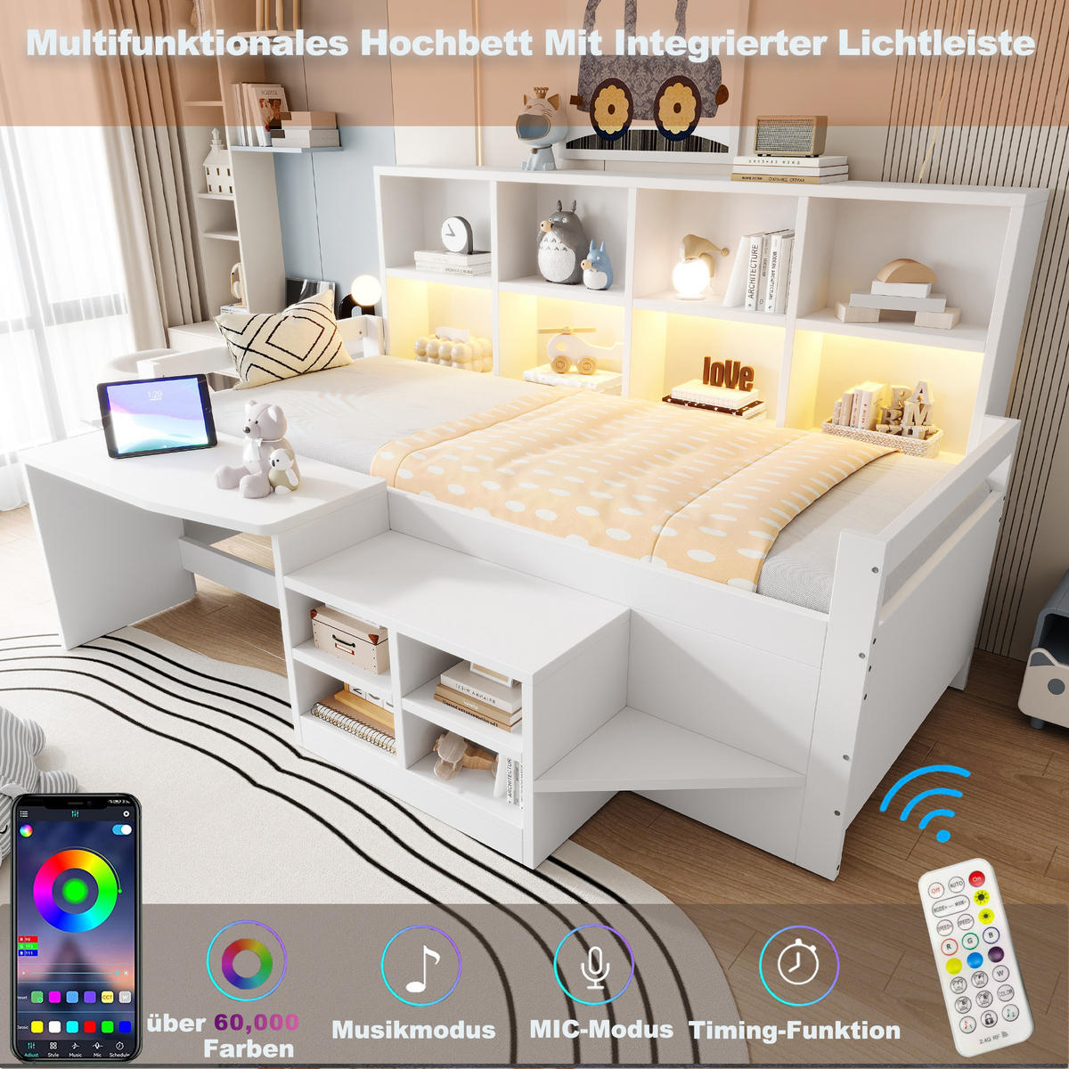 HOCHBETT 90/200 cm in Weiß mit Schreibtisch, Staufächern, LED und USB aus Holz und Holzwerkstoff - Weiß, Holzwerkstoff - STILVORA