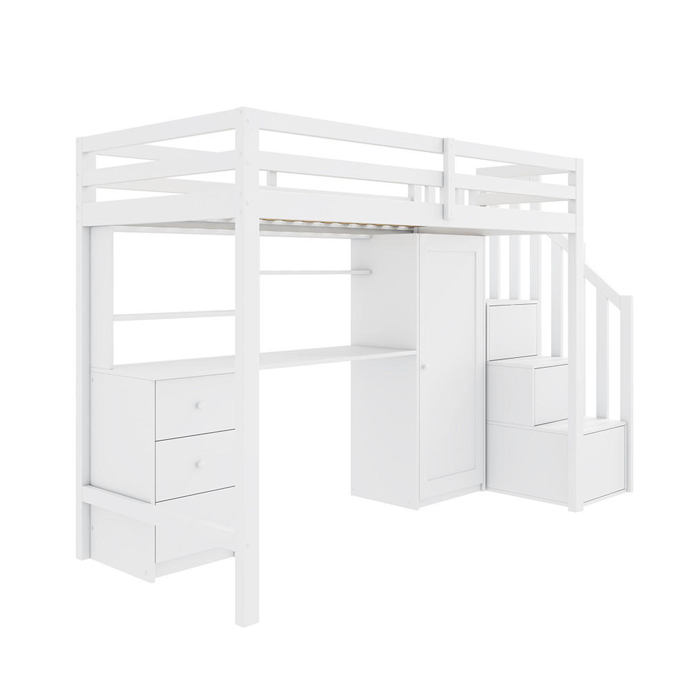 HOCHBETT 90x200 cm mit Kleiderschrank und Schreibtisch - Weiß, Holz (90/200cm) - KOMHTOM