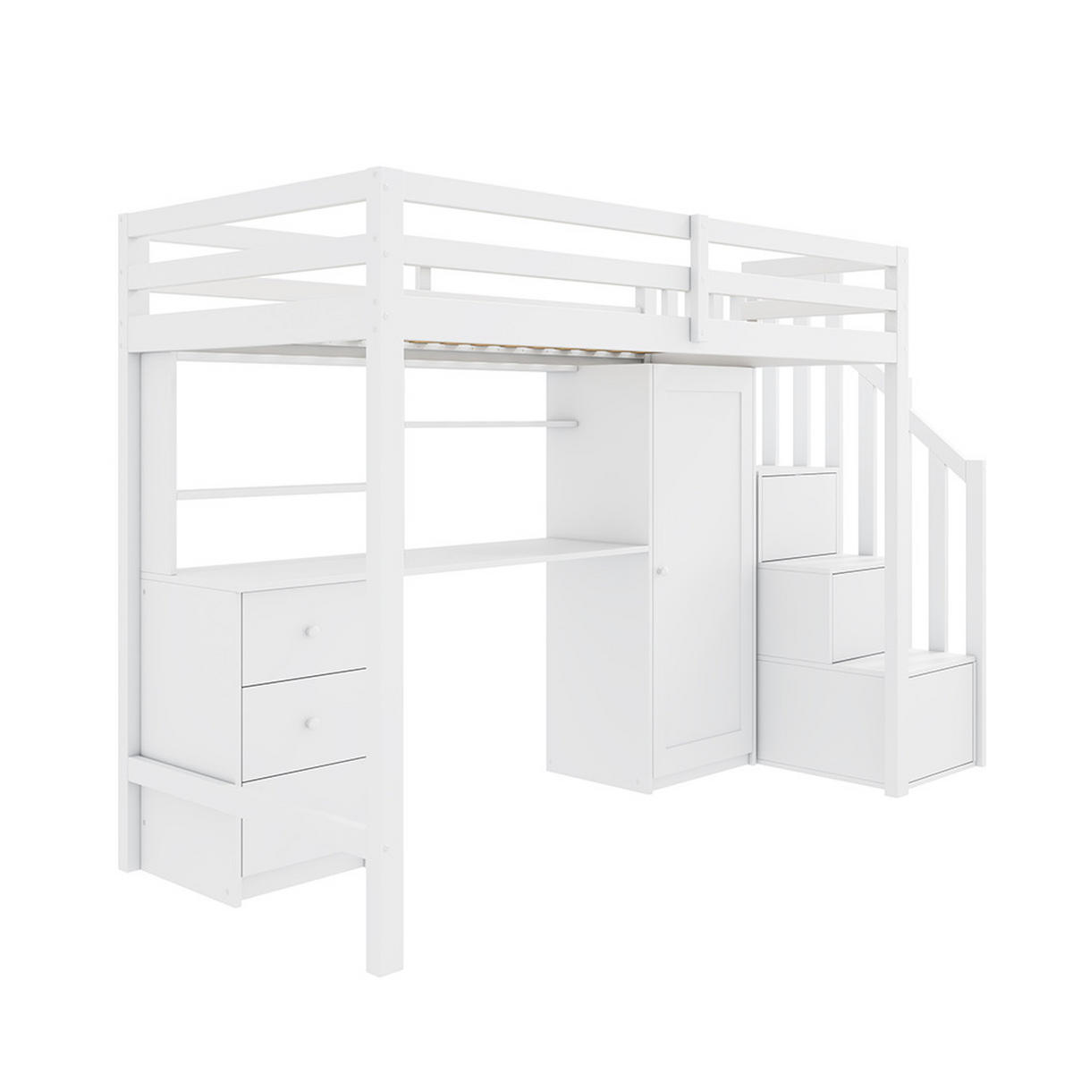 HOCHBETT 90x200 cm mit Kleiderschrank und Schreibtisch - Weiß, Holz (90/200cm) - KOMHTOM