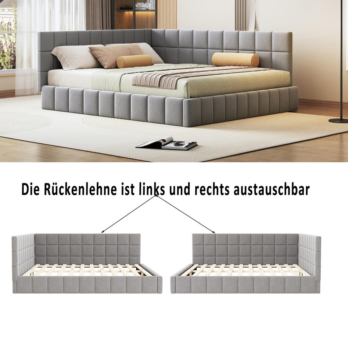 POLSTERBETT 160/200 cm grau aus Stoff mit Lattenrost - Grau, Textil (160/200cm) - OKWISH