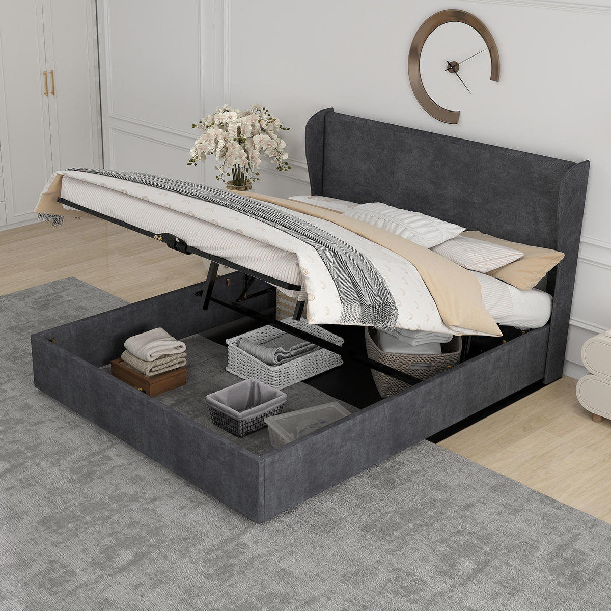 POLSTERBETT 160/200 cm in Grau Samt mit Gepolstertem Kopfteil - Grau, Holzwerkstoff/Textil (160/200cm) - WISHDOR