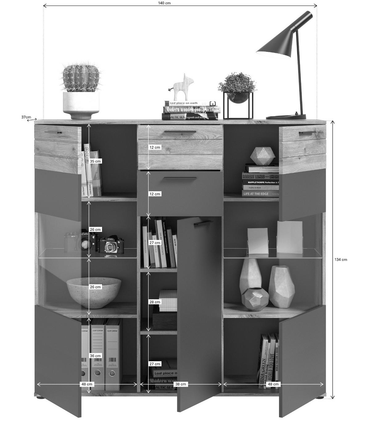 HIGHBOARD Eiche, grau 140 x 134 cm, Schrank mit Soft-Close, Wohn- und Esszimmermöbel - Eichefarben/Schwarz, Holzwerkstoff/Kunststoff (140/134/37cm) - Inn.Furn