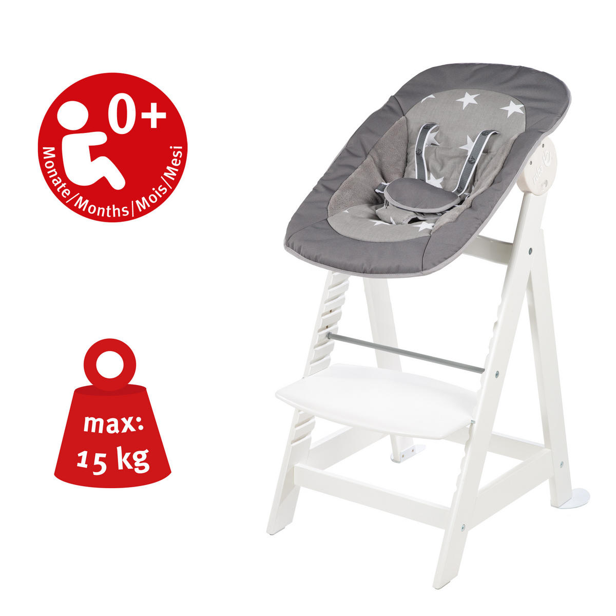 BABYHOCHSTUHL Born Up mit Neugeborenenaufsatz Little Stars Weiß - Weiß, Holzwerkstoff/Textil (46/94/66.5cm) - Roba