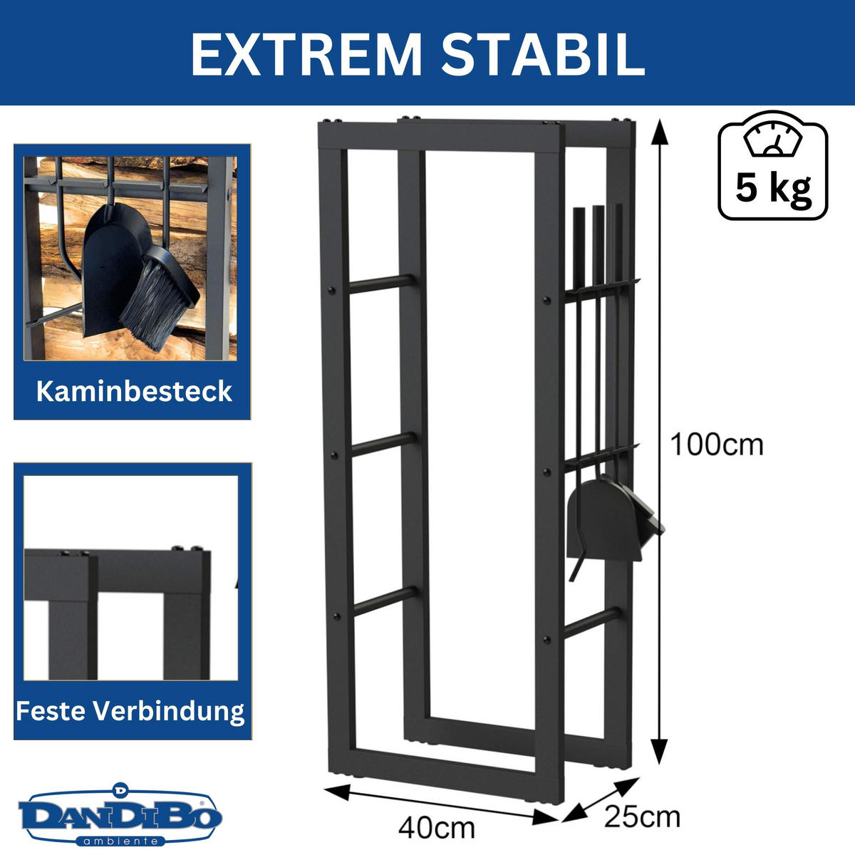 KAMINHOLZREGAL mit Besteck für Innen Metall Schwarz Stehend Modern - Schwarz, Metall (40/100/25cm) - DanDiBo