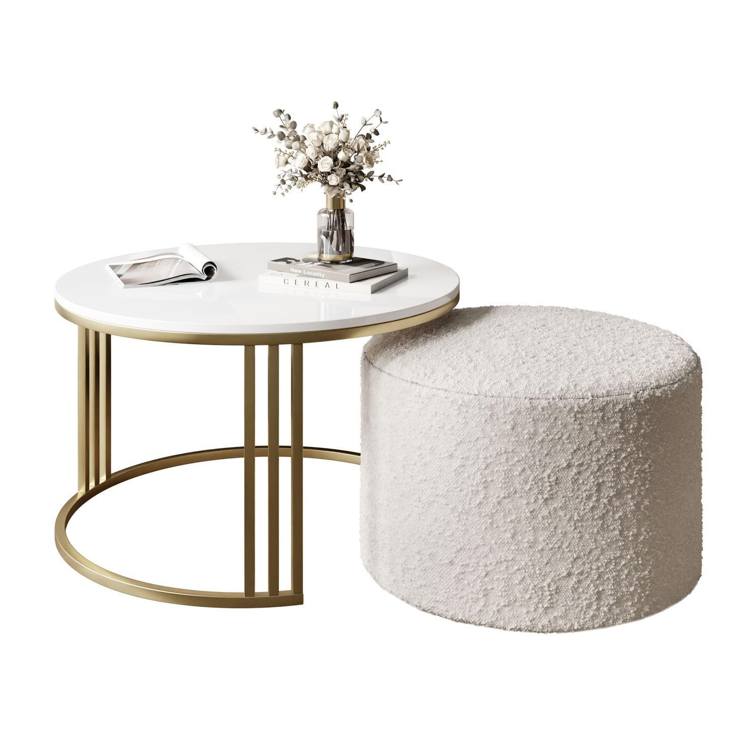 COUCHTISCH mit Hocker LORI Hochglanz gebürstetes Gold/weißer Glanz/Coral 65 - Weiß, Metall (70/70/49cm) - Lookway