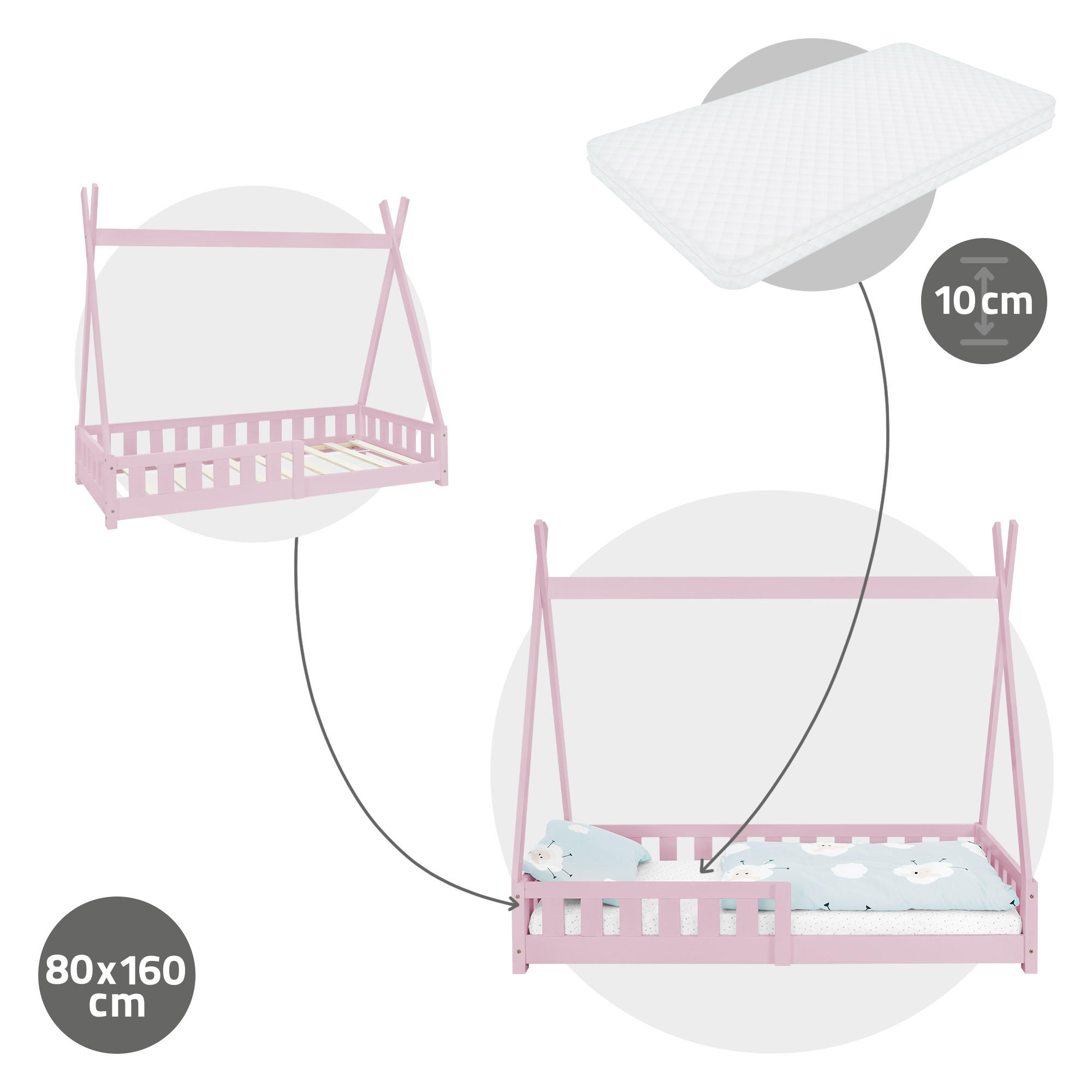 KINDERBETT Tipi mit Matratze 80x160 cm Rosa - Pink, Holz (80/160cm) - ML-DESIGN