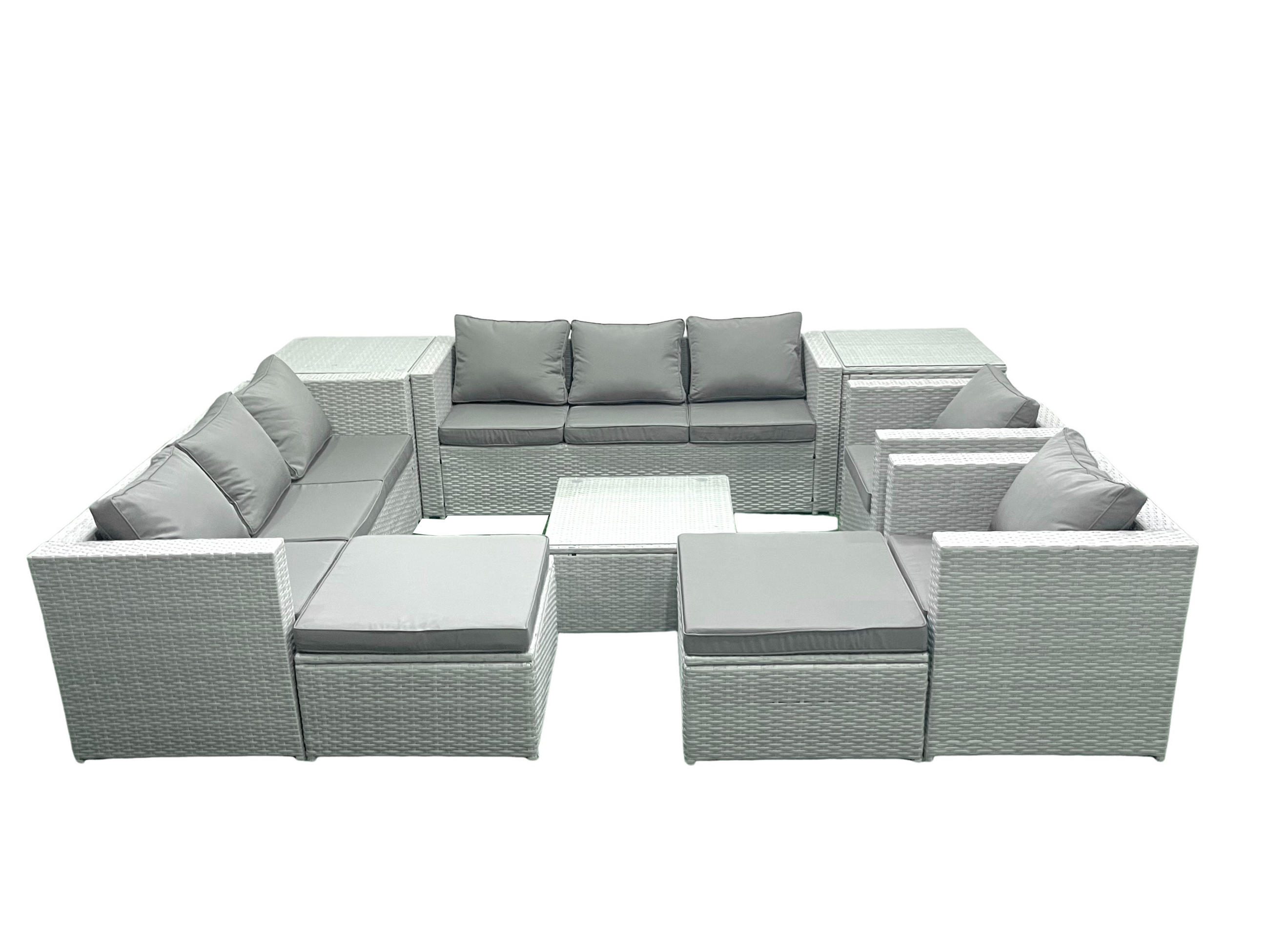 GARTENMÖBEL-SET mit Kissen Polyrattan Hellgrau-Mix 10-Sitzer - Hellgrau/Grau, Glas/Kunststoff - Fimous