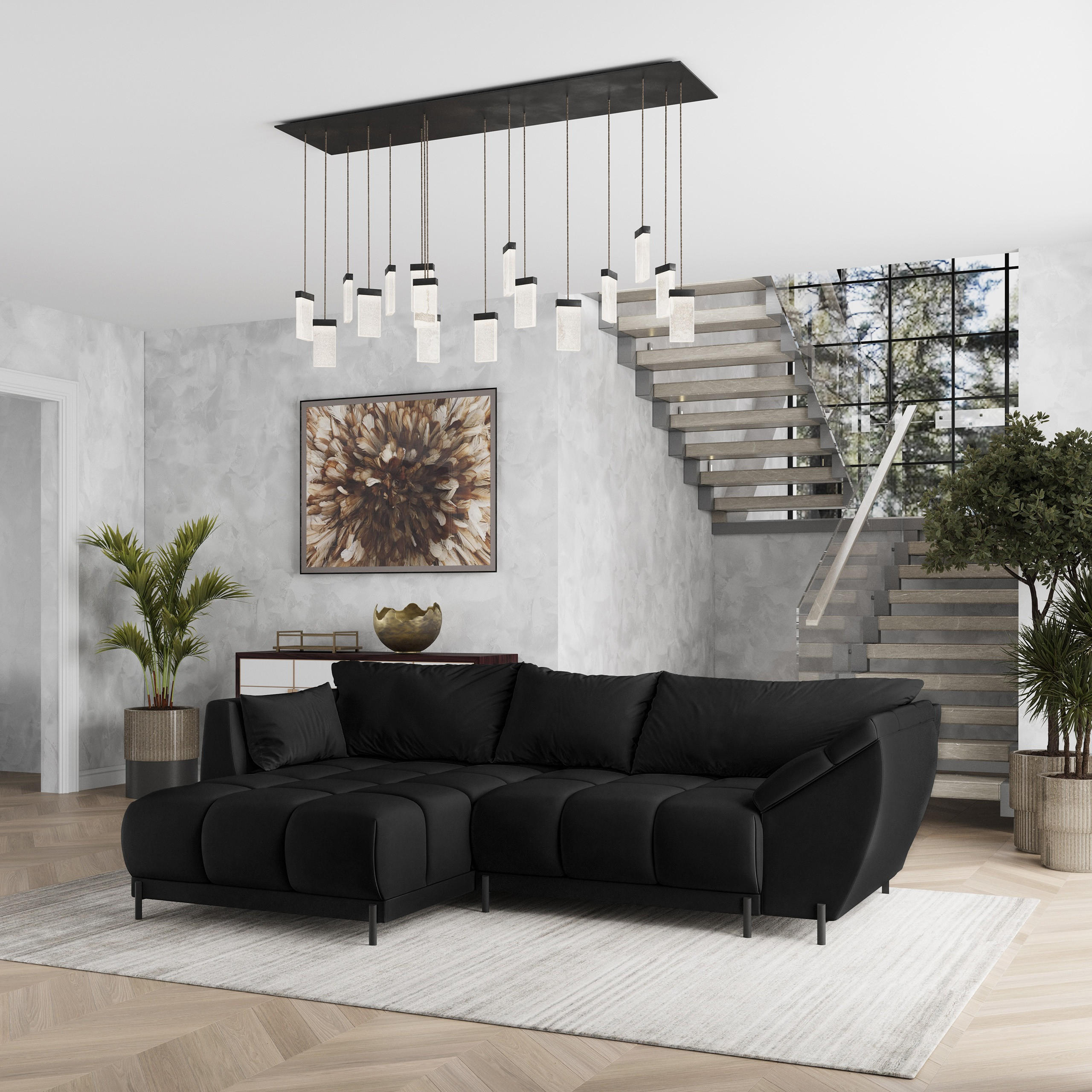 ECKSOFA VESTANO L-S Schwarz Velours-Stoff mit Schlaffunktion - Schwarz, Holz (287/182cm) - MASSENO