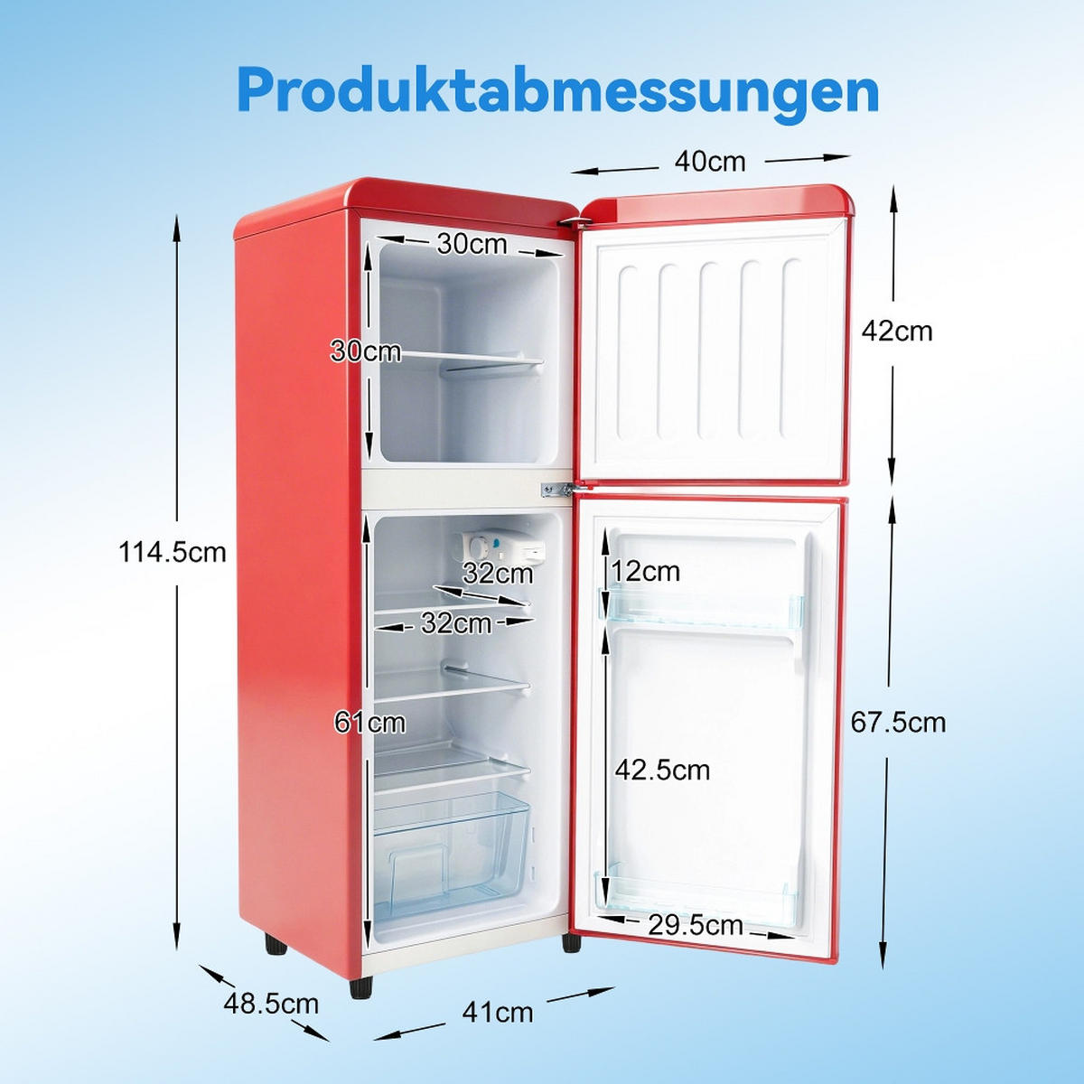 KÜHL-GEFRIER-KOMBINATION mit Gefrierfach, 112L KOMPAKTKÜHLSCHRANK, 7 Temperaturstufen, Rot, für Büro und Küche, 41/114,5/48,5 cm - Rot, Metall (47.5/121.5/47.5cm) - Rolipo