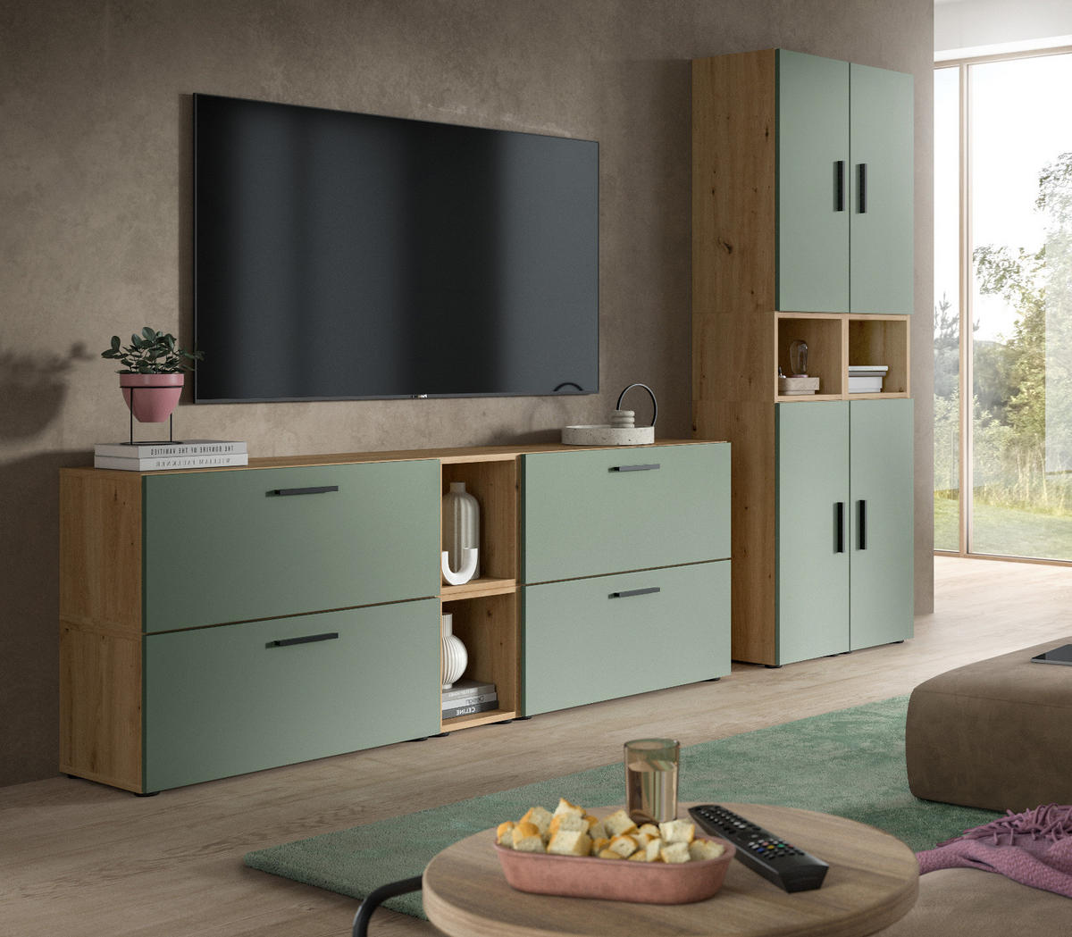 WOHNWAND grün, Eiche Artisan 256 x 178 cm, Schrankwand mit Soft-Close - Schwarz/Eiche Artisan, Holzwerkstoff/Kunststoff (256/151/34cm) - Inn.Furn