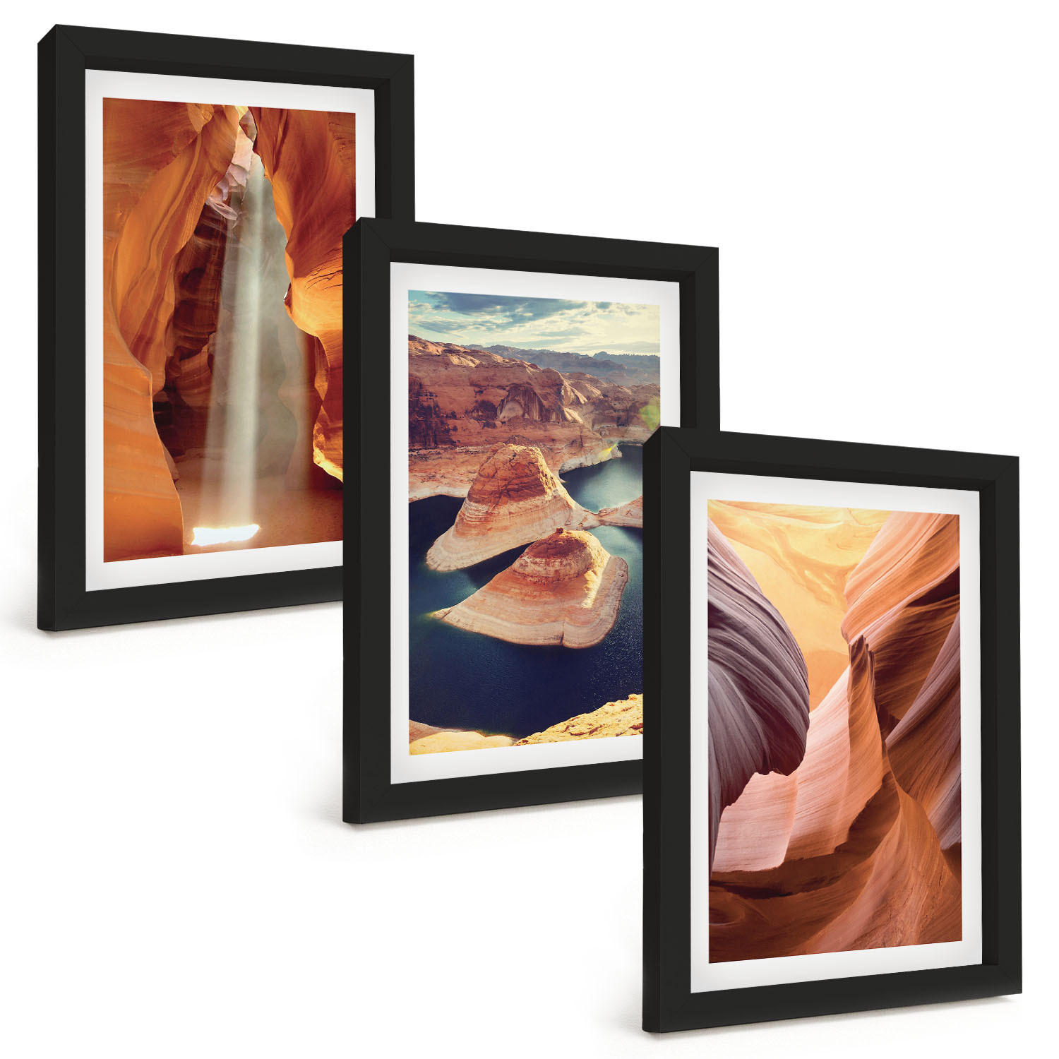 BILDER SET 3er Set - 20x30 cm Schwarzer Rahmen - Wasserfall in der Schlucht - Schwarz, Kunststoff (20/30cm) - TULUP