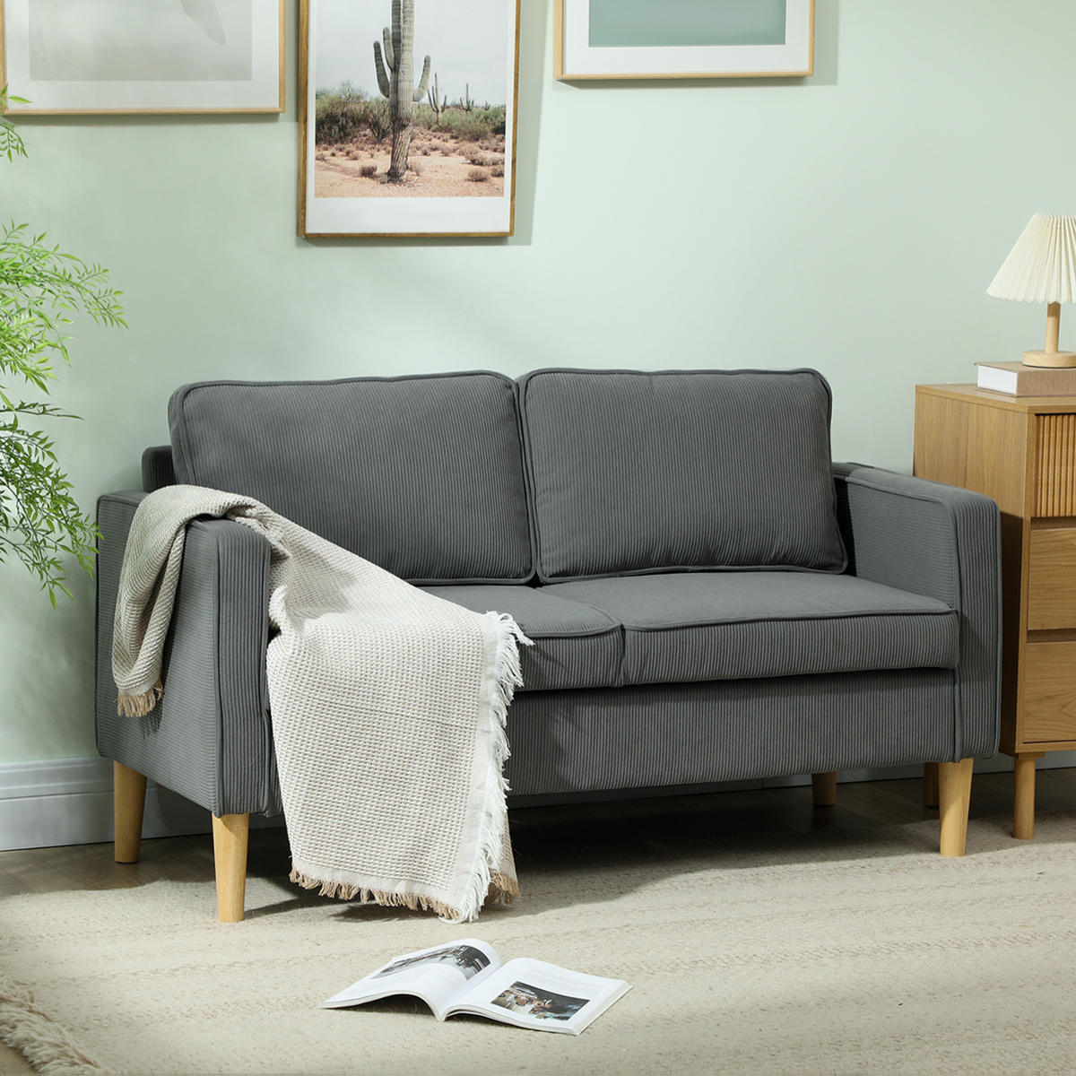 SOFA, 2-Sitzer, Stauraum, 2 Kissen, Samt/Stoff, Holzoptik, grau, 140x63x79cm - Multicolor, Holzwerkstoff (140/79/63cm) - FORIOUS
