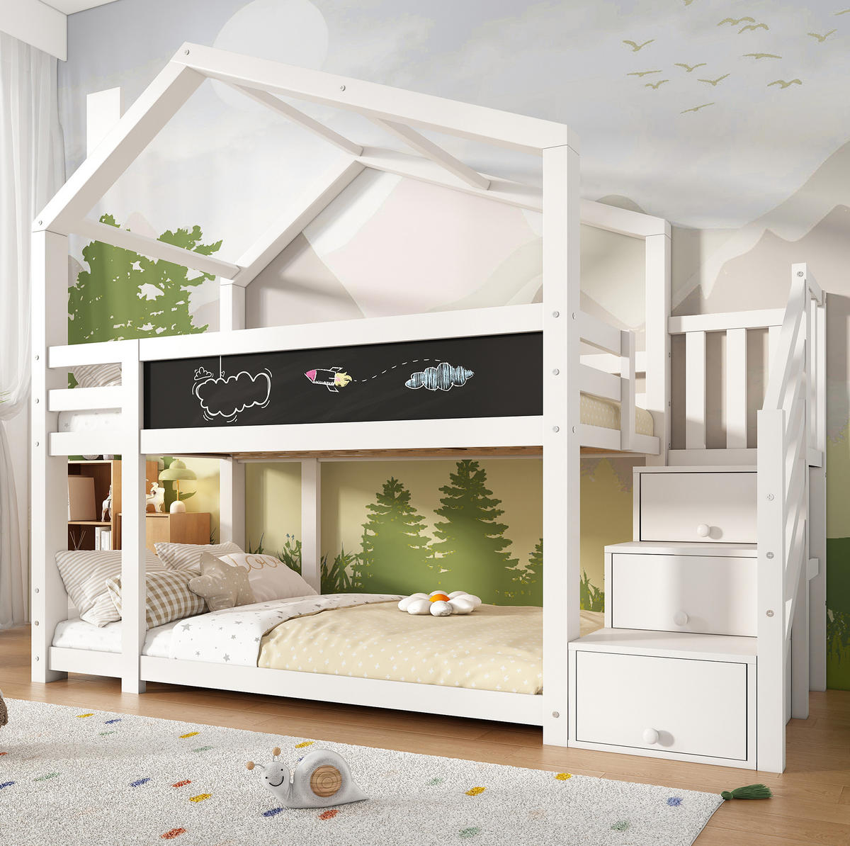 ETAGENBETT 90/200 cm in Weiß mit Tafel und Stauraum im Baumhaus-Design - Weiß, Holzwerkstoff (90/200cm) - OKMYHOME