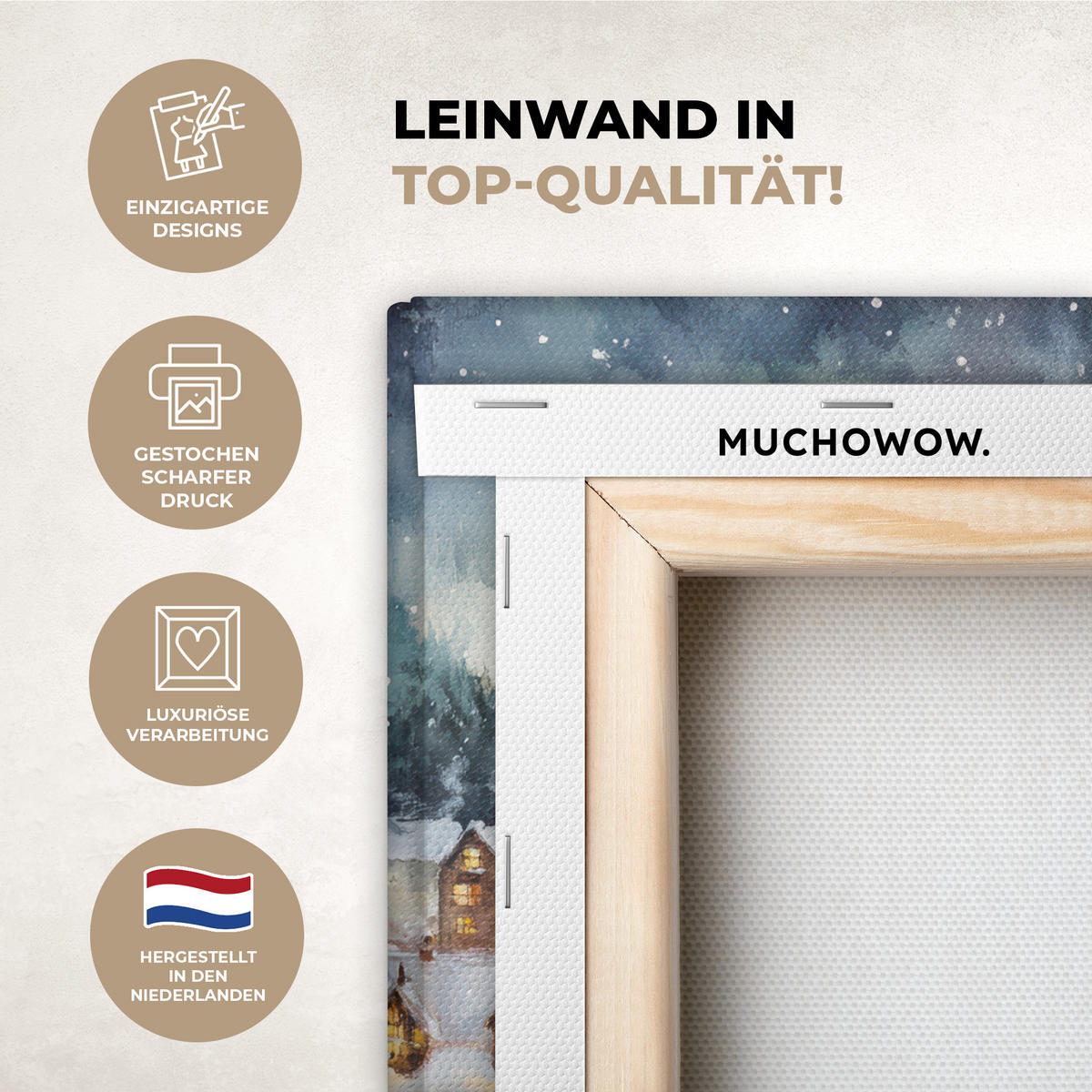 LEINWANDBILD Weihnachtsdorf - Häuser - Schnee - Weihnachten Deko Wohnzimmer 20x30 cm - Sandfarben, Textil (20/30cm) - MuchoWow