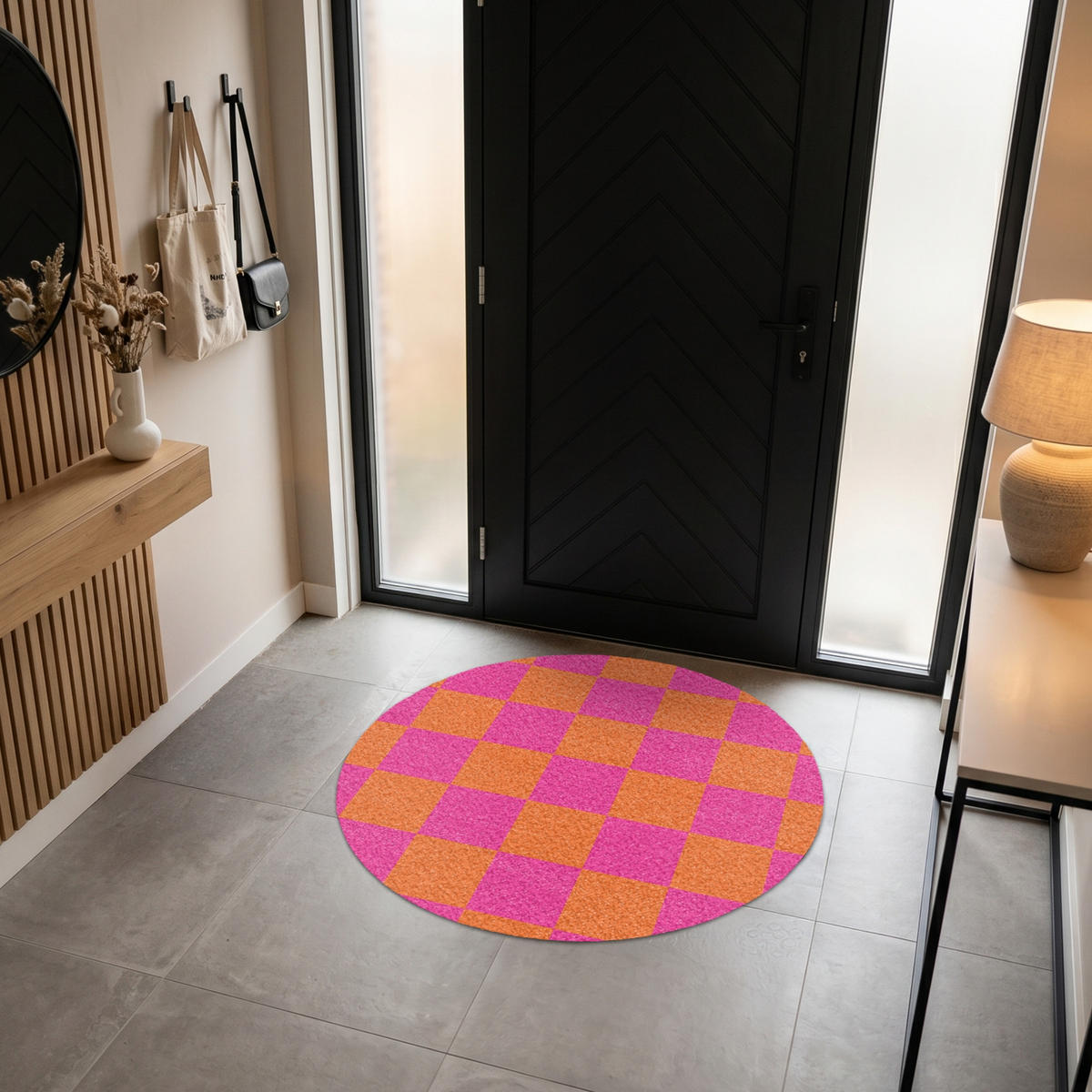 FUSSMATTE Schachbrettmuster - Orange - Rosa - Blöcke Schmutzfangmatte 120x120 cm - Pink, Kunststoff (120/120cm) - MuchoWow