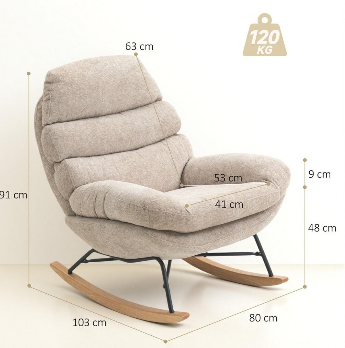 SCHWINGSTUHL in Cremeweiß 80/103/91 cm mit Polsterung und Holzkufen - Creme, Kunststoff (80/91/103cm) - BEAOK