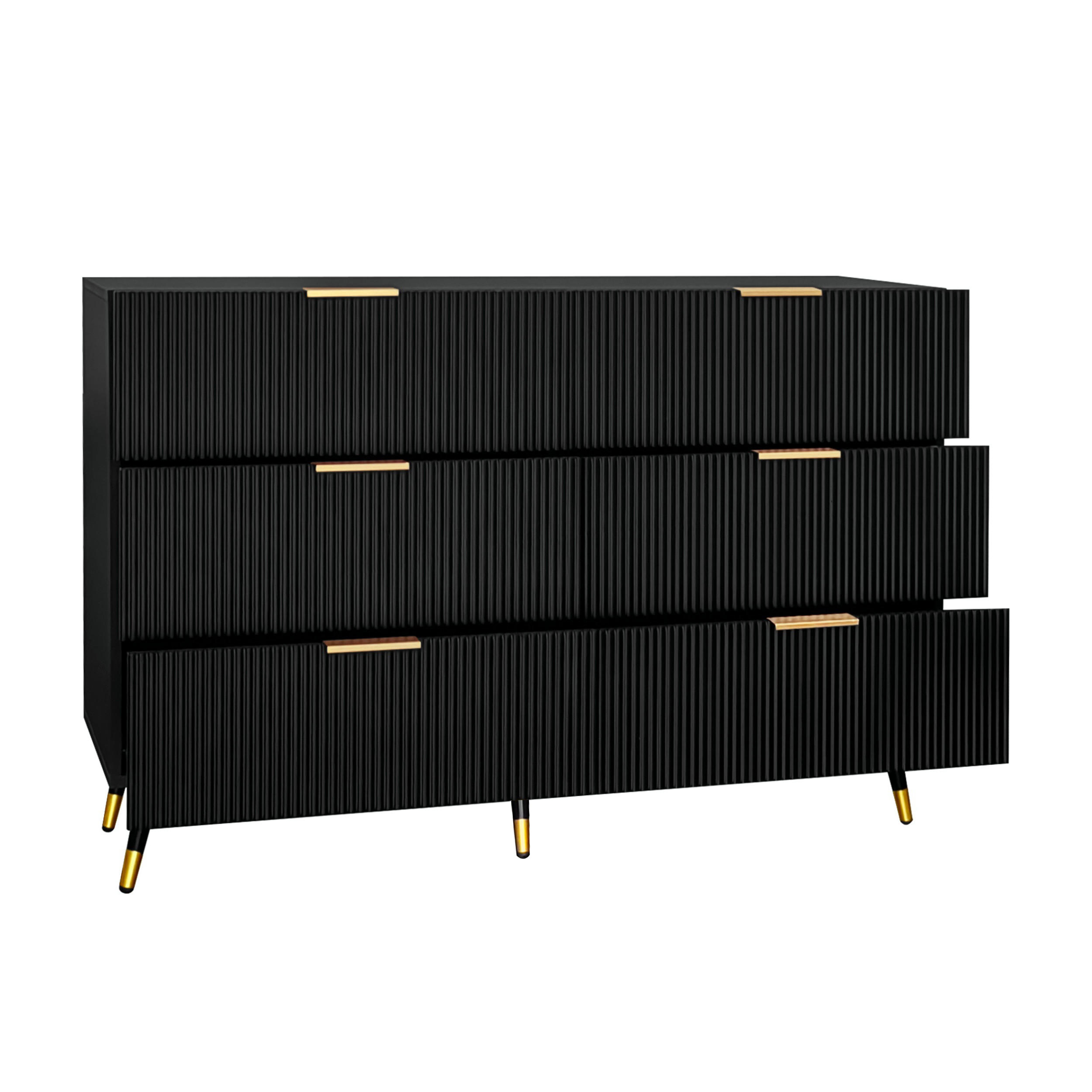 STILVORA KOMODA v černé a zlaté barvě s moderním designem a 6 zásuvkami, 120×40×77 cm