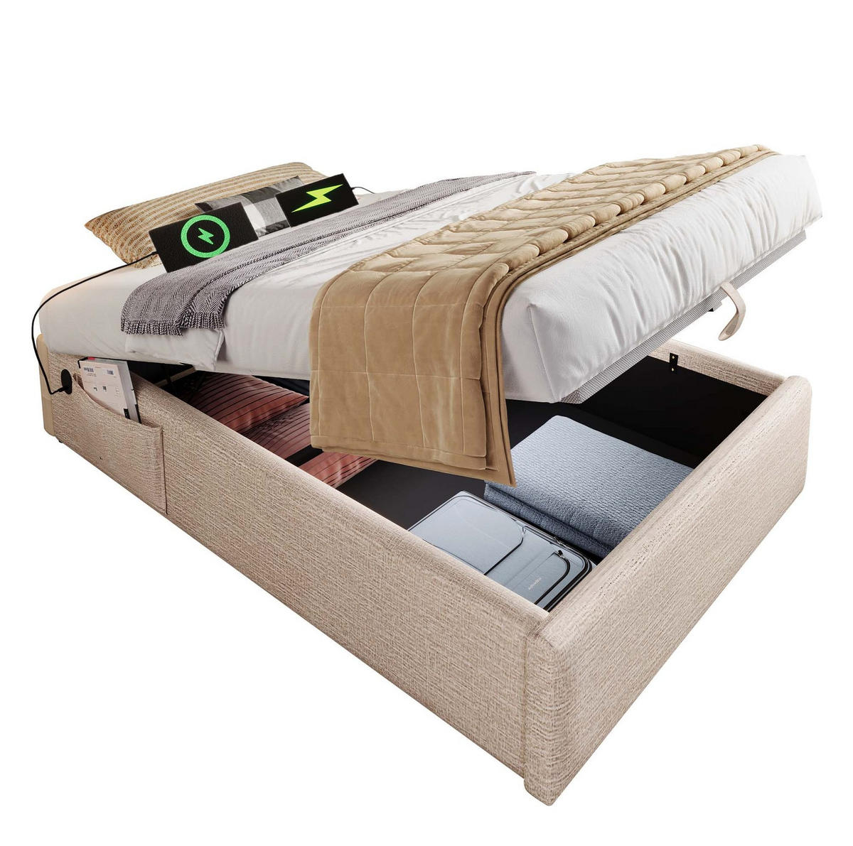 POLSTERBETT aus Leinen 90x190 cm in Natur mit USB-C & Stauraum - Beige, Textil (90/190cm) - Modfu
