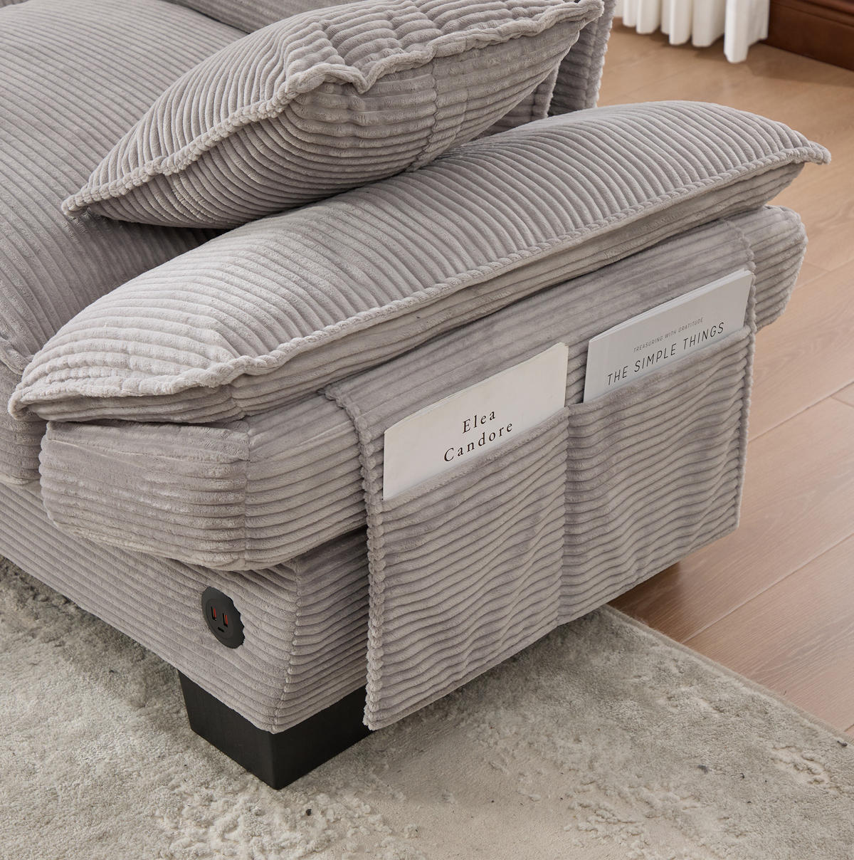 ECKSOFA 260/132/84 cm hellgrau aus Cord mit Hocker und USB-C - Hellgrau, Textil (132/260cm) - OKWISH
