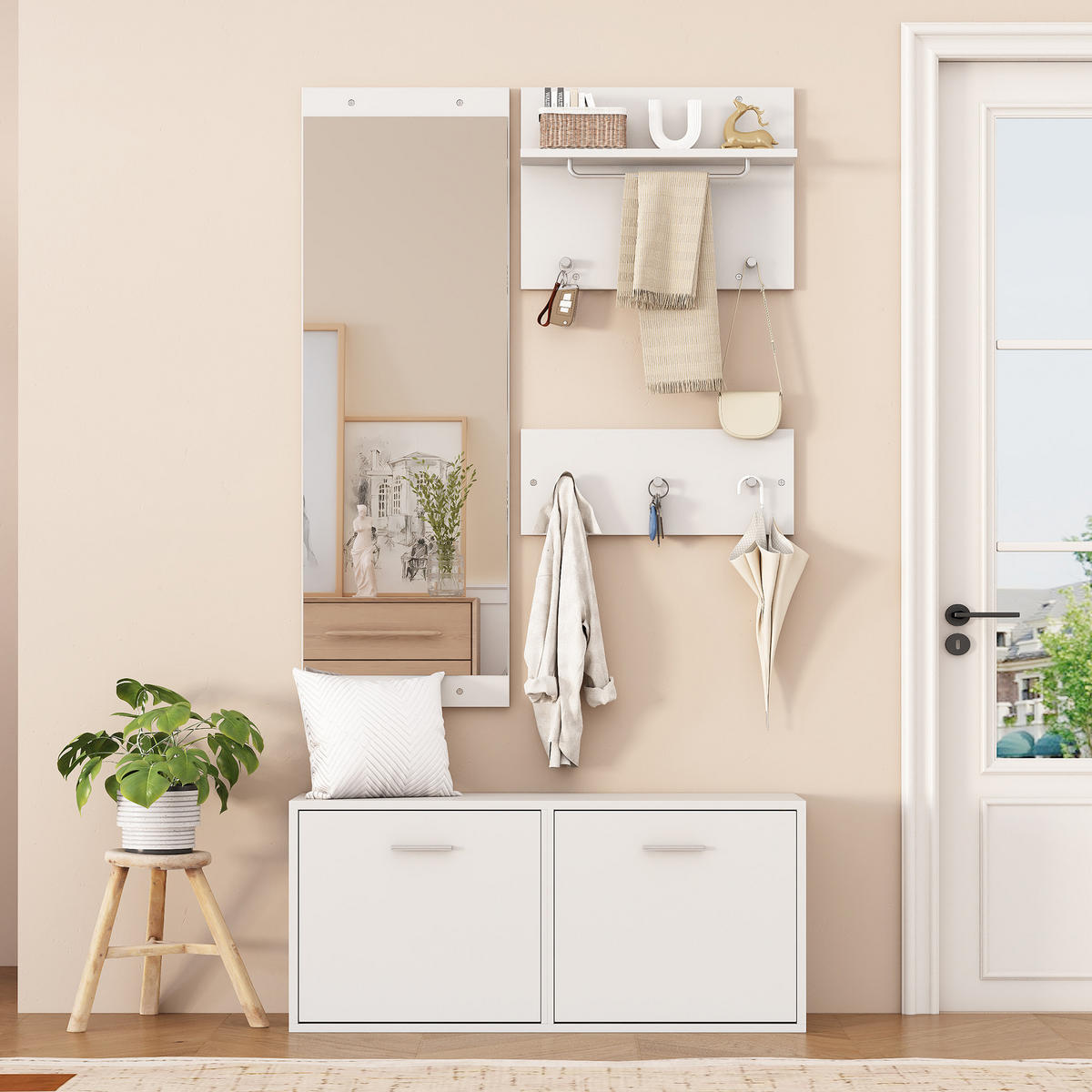 GARDEROBE-SET 4-teilig Spiegel Schuhschrank Haken Weiß - Weiß, Holzwerkstoff (90/41.5/30cm) - FLIEKS