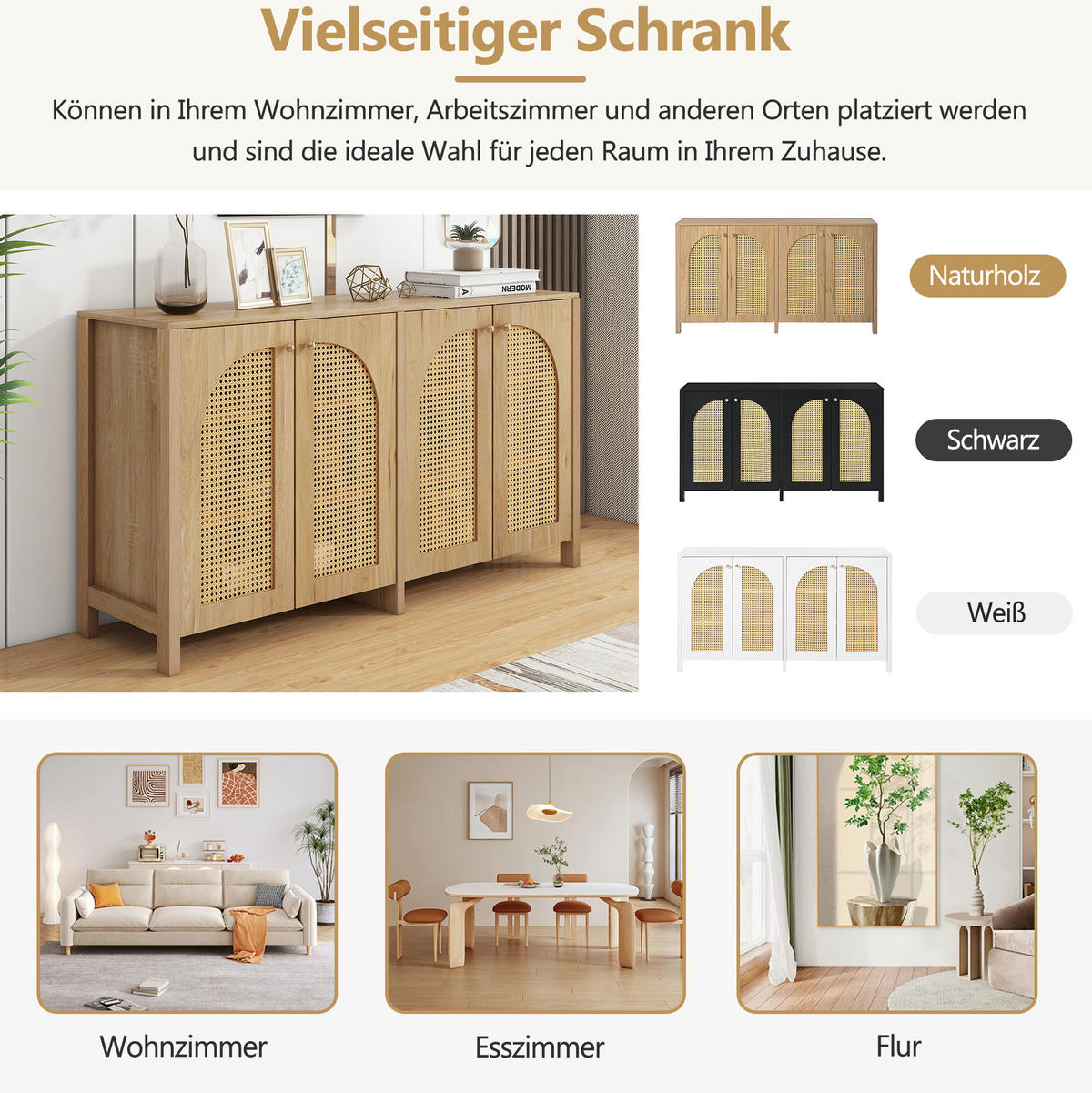 SIDEBOARD aus MDF 145x80x40 cm Natur mit 4 Rattantüren, Metallgriffen und verstellbaren Regalböden - Naturfarben, Holzwerkstoff (145/40/80cm) - Modfu