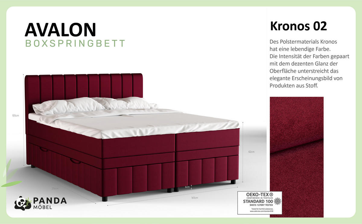 BOXBETT AVALON 160 x 200 cm mit Bettkasten und Topper - Rot - Rot, Holz - Panda Möbel
